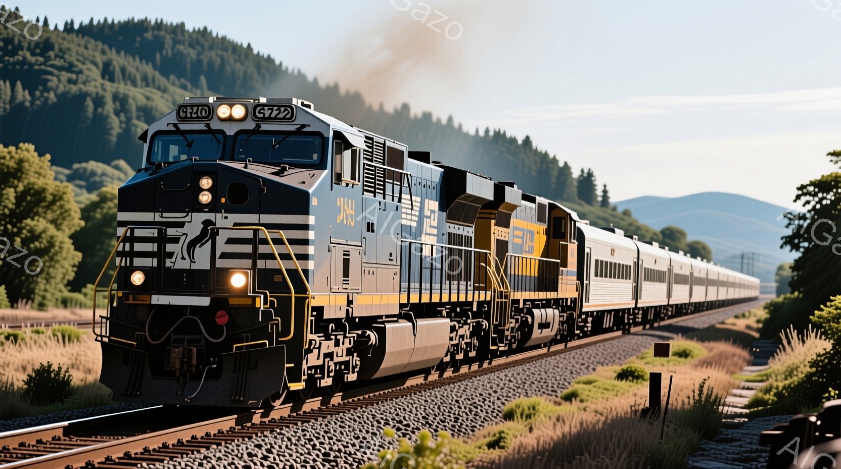 鮮やかな緑の丘と背景にそびえる山々を背景に、ノースカロライナ州の貨物列車が線路を疾走している。黒と黄色のストライプが特徴的な機関車が牽引し、多くの貨車が続いている。晴天の下、列車の進行方向には光が差し込み、活気ある雰囲気を醸し出している。