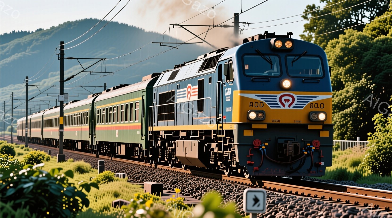 緑とクリーム色の客車列車が線路を走っている様子を捉えています。列車の先頭車両は、青とクリーム色の配色で、フロントには大きなヘッドライトと特徴的なデザインが施されています。背景には、緑豊かな丘陵地帯と青空が広がり、晴れた日の穏やかな雰囲気を醸し出しています。