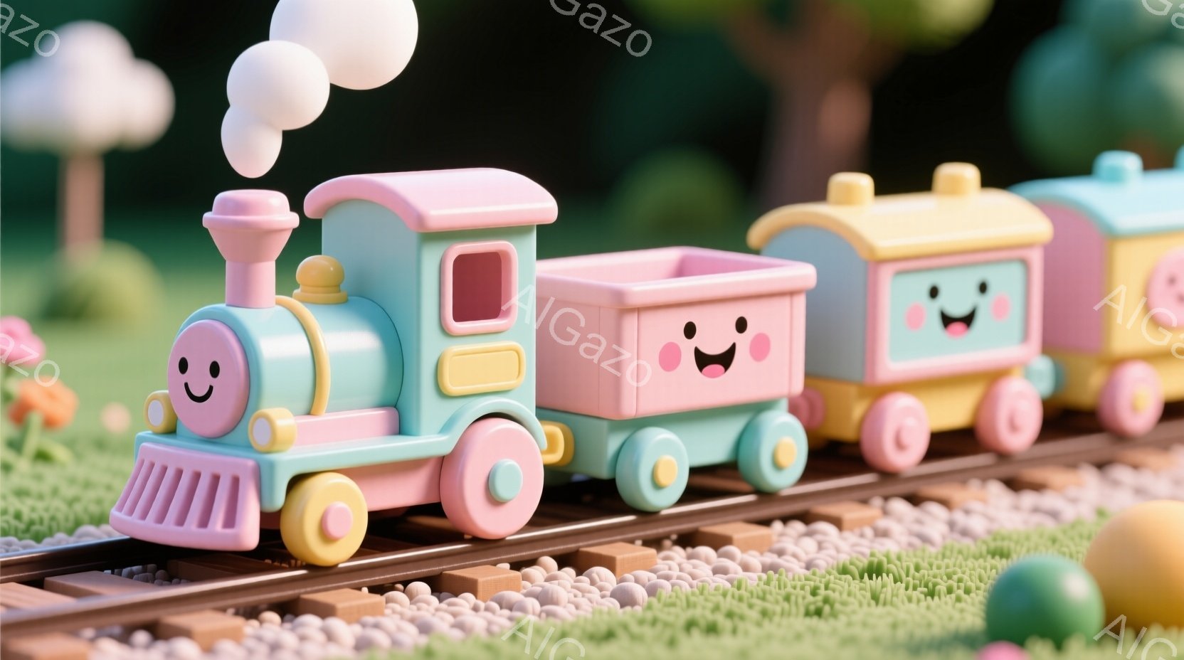 鮮やかなピンクと水色の蒸気機関車が並んで線路を走っている様子が描かれています。機関車はそれぞれ愛らしい表情をしており、丸みを帯びたフォルムとパステルカラーで、おとぎ話のような雰囲気を醸し出しています。 - AI生成フリー素材