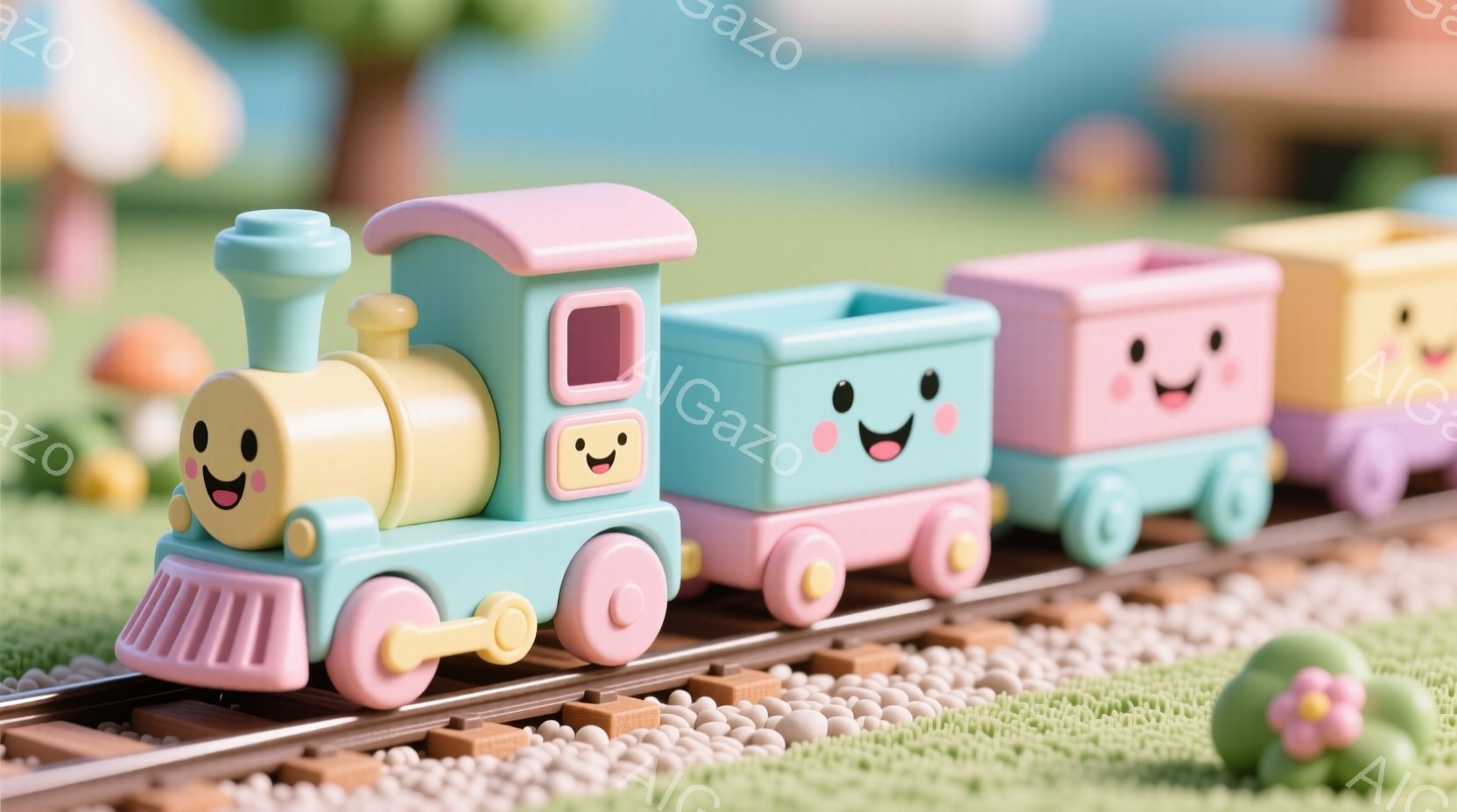 ターコイズブルーの機関車とピンク、水色、ピンクの客車が連結して線路上を走っている様子が描かれている。各車両は丸みを帯びた可愛らしいデザインで、正面には笑顔の表情が描かれ、全体的に明るく楽しい雰囲気を醸し出している。背景には緑の芝生や花、そしてぼやけた木々が見え、穏やかで平和な春の日のような印象を与える。