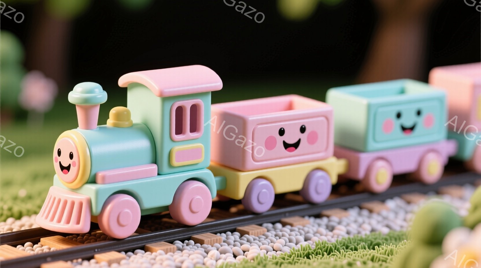パステルカラーの可愛い汽車が線路の上を走っている様子が描かれています。機関車は水色で、貨車は黄色とピンクで構成され、それぞれに笑顔の顔が描かれています。背景には緑の芝生と木々が見え、暖かく穏やかな雰囲気です。