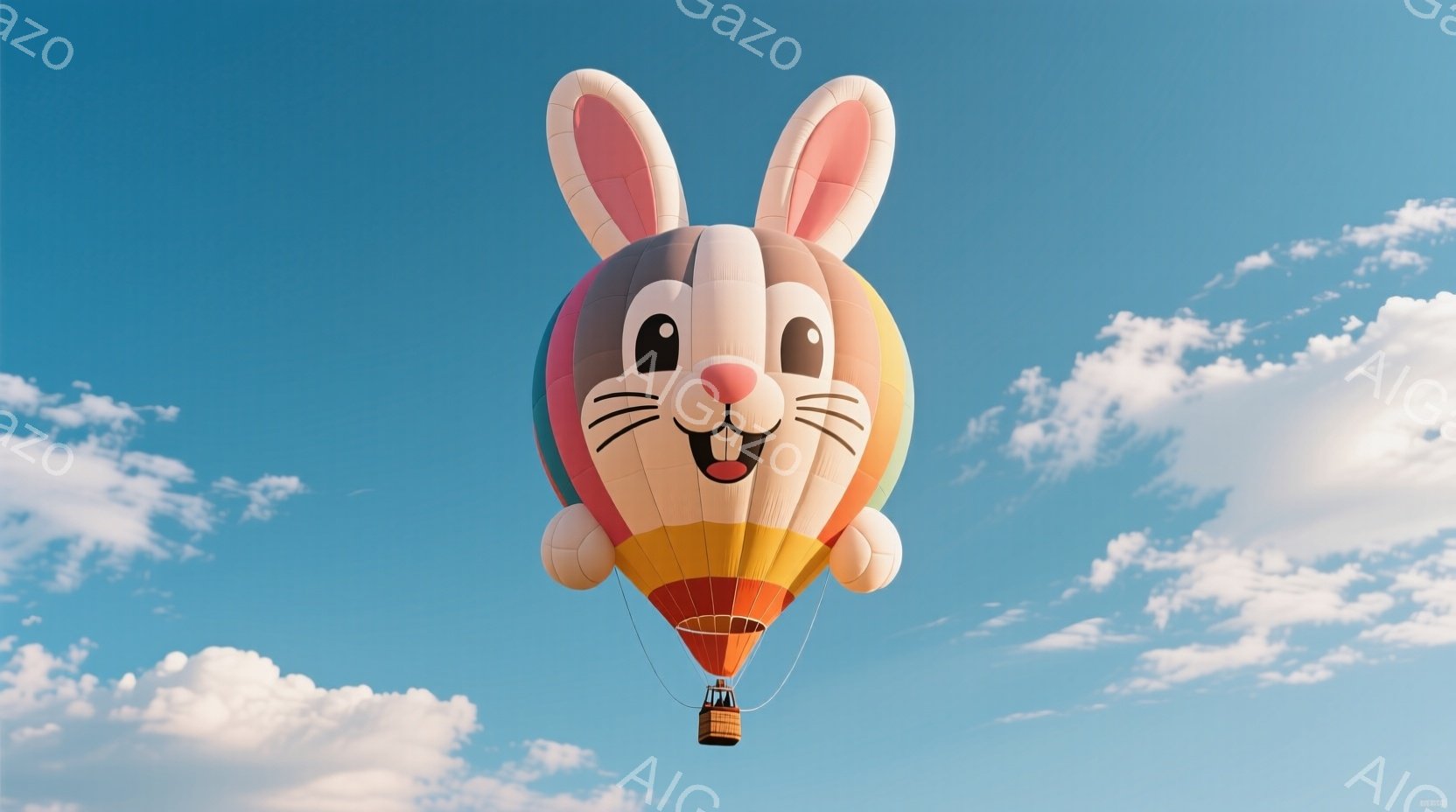 空には、うさぎの形をした大きな熱気球が浮かんでいます。熱気球は、ピンク、オレンジ、黄色、緑など、鮮やかな色で覆われており、可愛らしい表情が描かれています。青空に浮かぶ白い雲が背景に広がり、穏やかで夢の - AI生成フリー素材