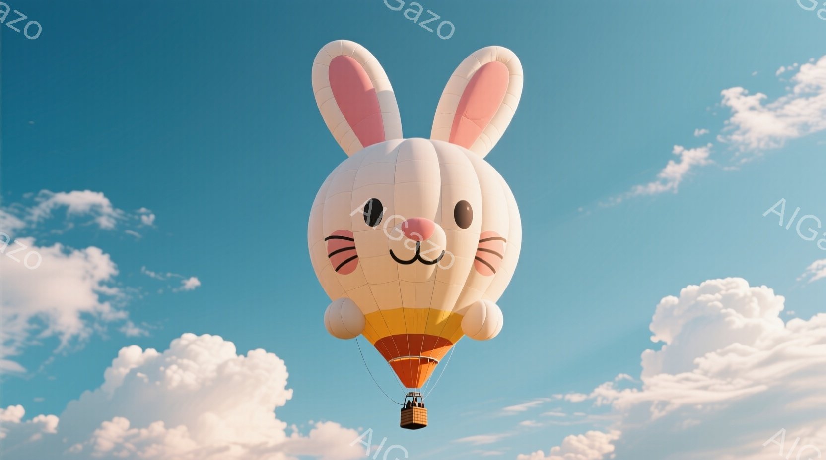 空には、うさぎの形をしたホットエアバルーンが浮かんでいます。バルーンは白を基調とし、ピンクの耳と可愛らしい顔が特徴で、下部にはオレンジと茶色のストライプがあります。青い空と白い雲が背景に広がり、穏やか - AI生成フリー素材