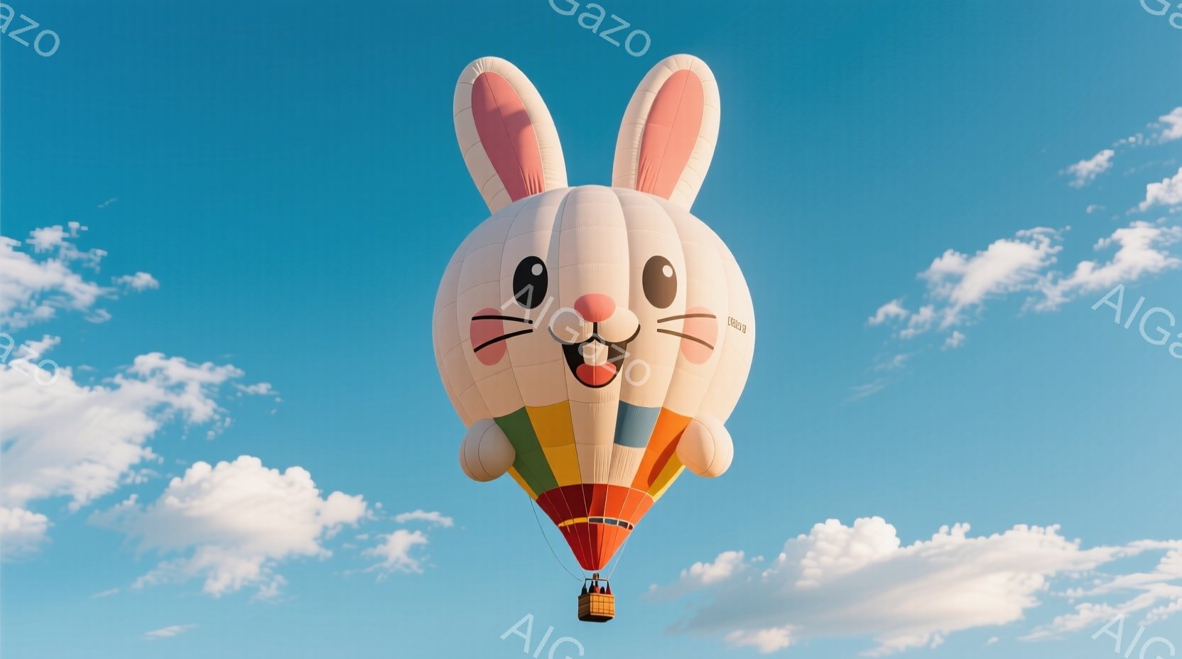 青い空に、巨大なウサギの形をした熱気球が浮かんでいます。ウサギの顔は愛らしく、ピンクの耳と大きな目、微笑みを浮かべています。背景には白い雲が広がり、晴れた空とウサギの形をした熱気球が、夢のような、遊び心のある雰囲気を醸し出しています。