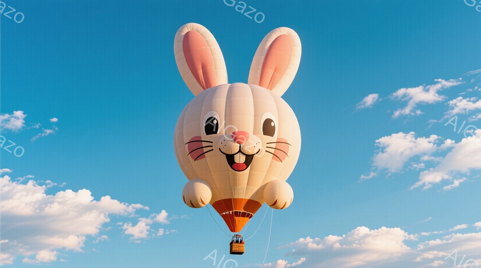 空には、大きなウサギの形をした熱気球が浮かんでいます。淡いピンクと白を基調とした熱気球は、可愛らしい表情をしており、まるで生きているウサギのようです。青空と白い雲が広がる背景は、穏やかで平和な雰囲気を - AI生成フリー素材