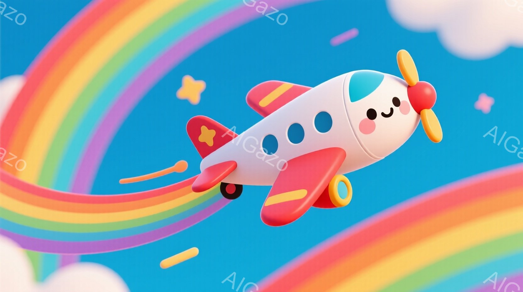 明るい水色の飛行機が、虹色のストライプとふわふわの雲の間を飛んでいます。飛行機はかわいらしい表情で、赤色の翼とプロペラが特徴的です。背景はパステルカラーで統一されており、全体的に夢のような、楽しげな雰囲気を醸し出しています。