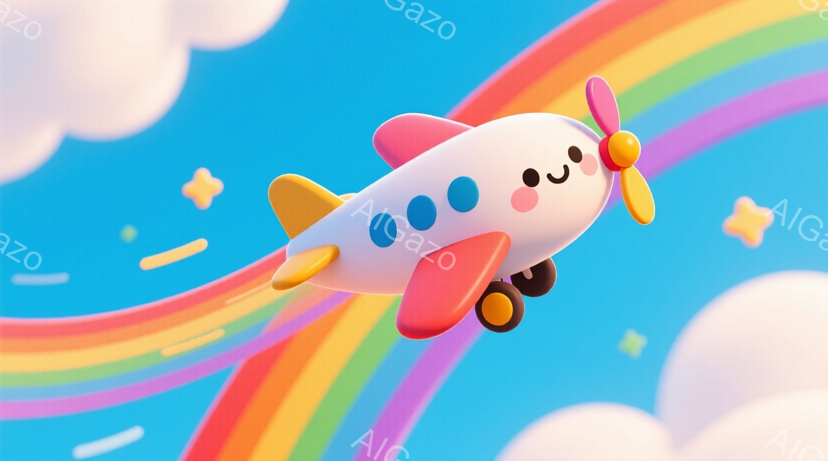 鮮やかな青空を背景に、可愛らしいカートゥーン調の飛行機が描かれています。白を基調とした機体には、赤色の尾翼と黄色のプロペラが取り付けられており、機体には丸い青い模様が並んでいます。背景には虹が架かり、黄色い星と白い雲が点在し、全体的に明るく楽しい雰囲気です。