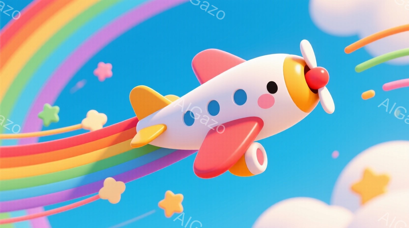 明るい水色の背景に、赤いプロペラ機が描かれています。機体は白と赤で、まるでキャンディーのような可愛らしいデザインで、虹色の軌跡を残しながら空を飛んでいます。背景には、ふわふわとした雲と星が散りばめられ、全体的に夢のような、楽しげな雰囲気を醸し出しています。