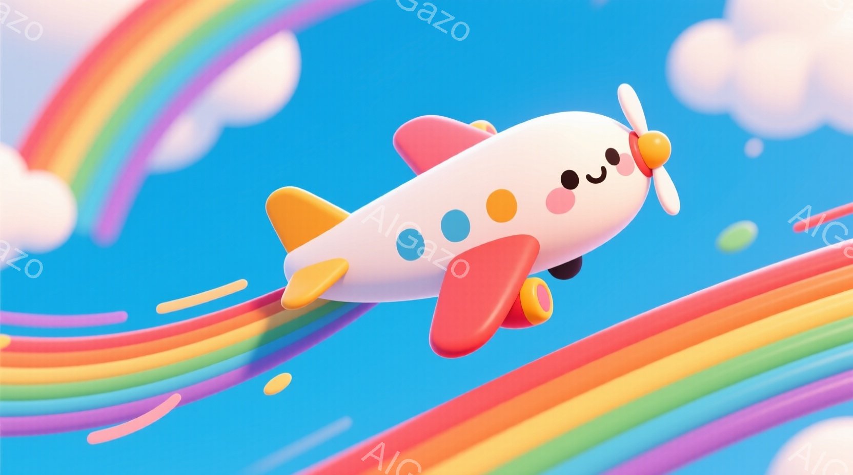 鮮やかな青空を背景に、赤とオレンジの尾翼を持つ白い小さな飛行機が描かれています。飛行機は少し上向きに傾いており、プロペラが回っている様子から、勢いよく空を飛んでいる様子が伺えます。虹色の帯と、点在する色とりどりの粒が、楽しい雰囲気を盛り上げています。