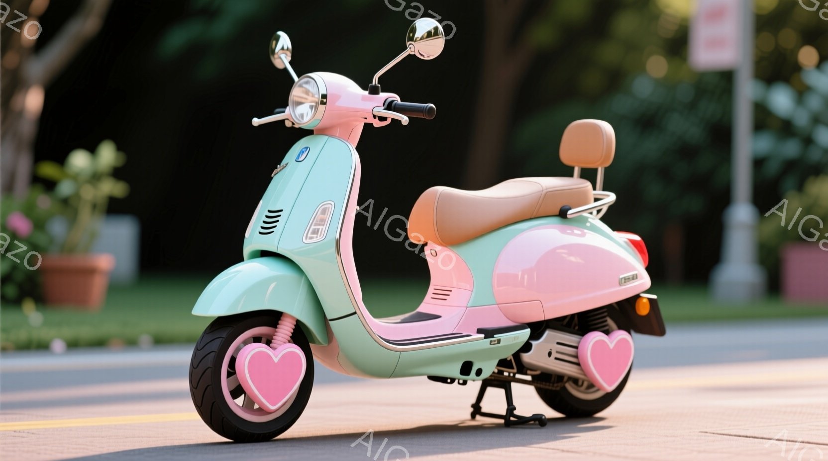薄いミントグリーンとピンク色のカラフルなスクーターが、アスファルトの道路の上に停まっています。黒色のタイヤにはピンク色のハートが描かれており、可愛らしい印象を与えます。背景には植物や道路標識が見え、晴れた日の穏やかな雰囲気が感じられます。
