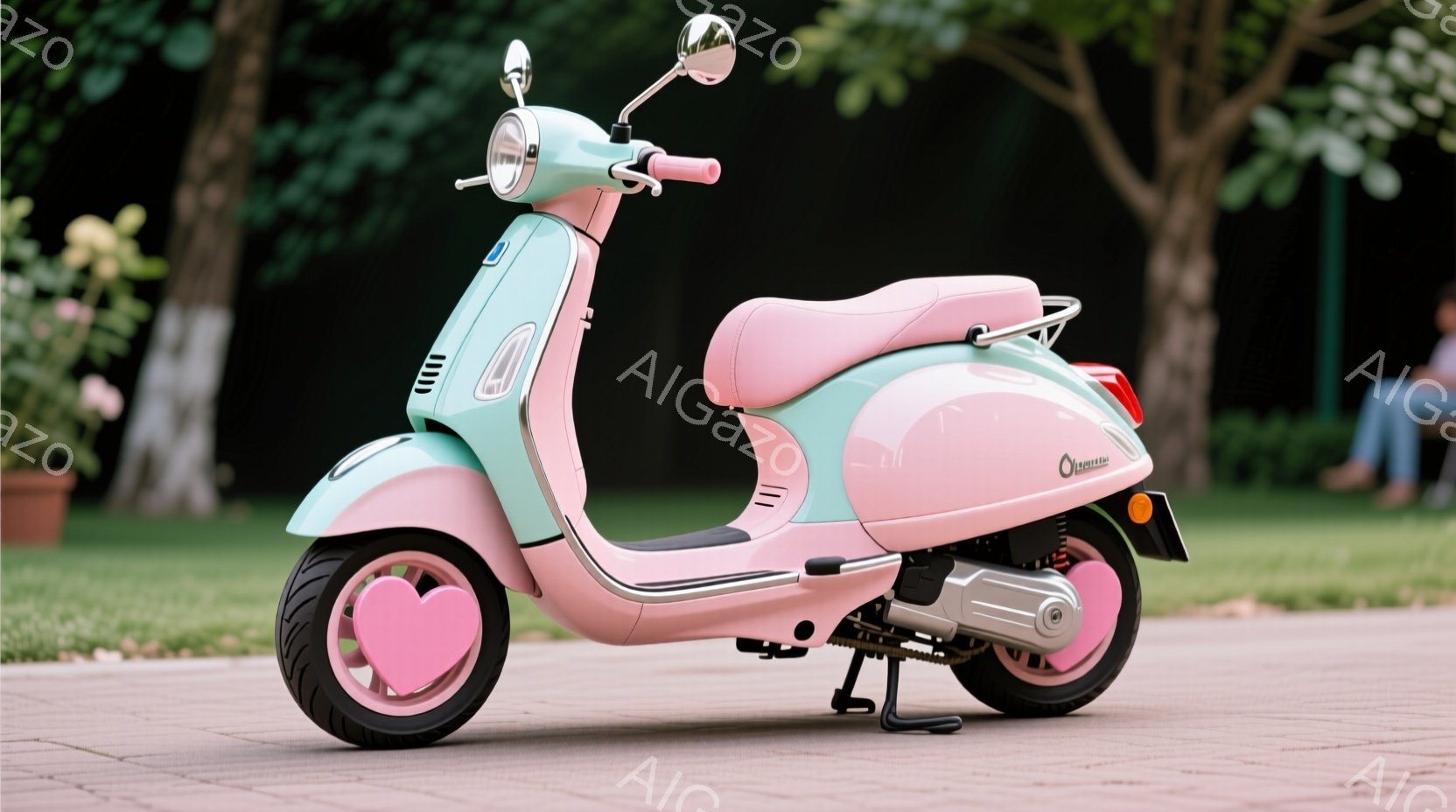 薄いミントグリーンとピンクの可愛らしい電動スクーターがアスファルトの道に駐車されています。ピンクのシートとホイールが特徴的で、全体的にパステルカラーで統一された優しい雰囲気です。背景には緑豊かな植物と日差しの見える青空が見え、暖かい春の日のような穏やかな情景が広がっています。