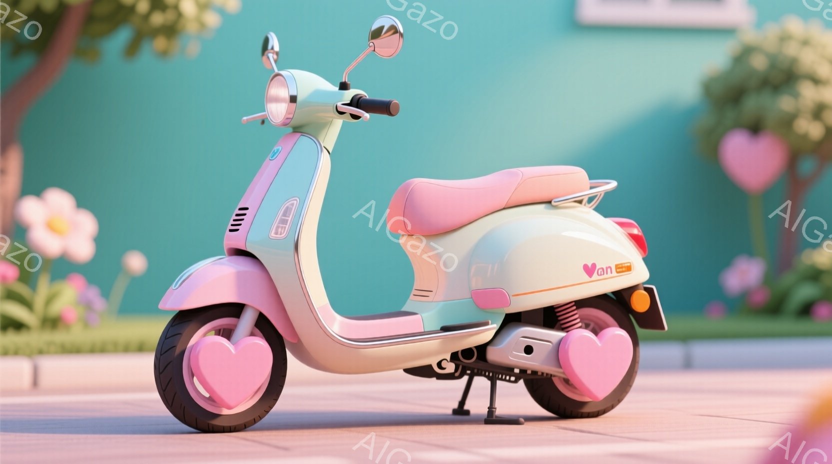 明るいパステルカラーのスクーターが、レンガ色の道の上に駐輪されています。スクーターはクリーム色とピンクの組み合わせで、タイヤには可愛らしいハート型の飾りがついています。背景には、鮮やかな緑色の建物と花が咲き乱れる、春らしい暖かく明るい雰囲気を感じさせます。