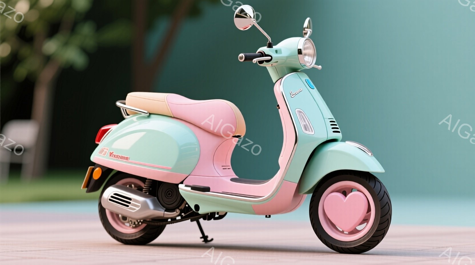 薄いミントグリーンとピンク色の美しいベスパが、舗装された庭の道に停まっています。シートは淡いピンク色で、タイヤには可愛らしいハート型の模様が描かれています。背景には緑の茂みがあり、晴れた日の穏やかな雰囲気が感じられます。