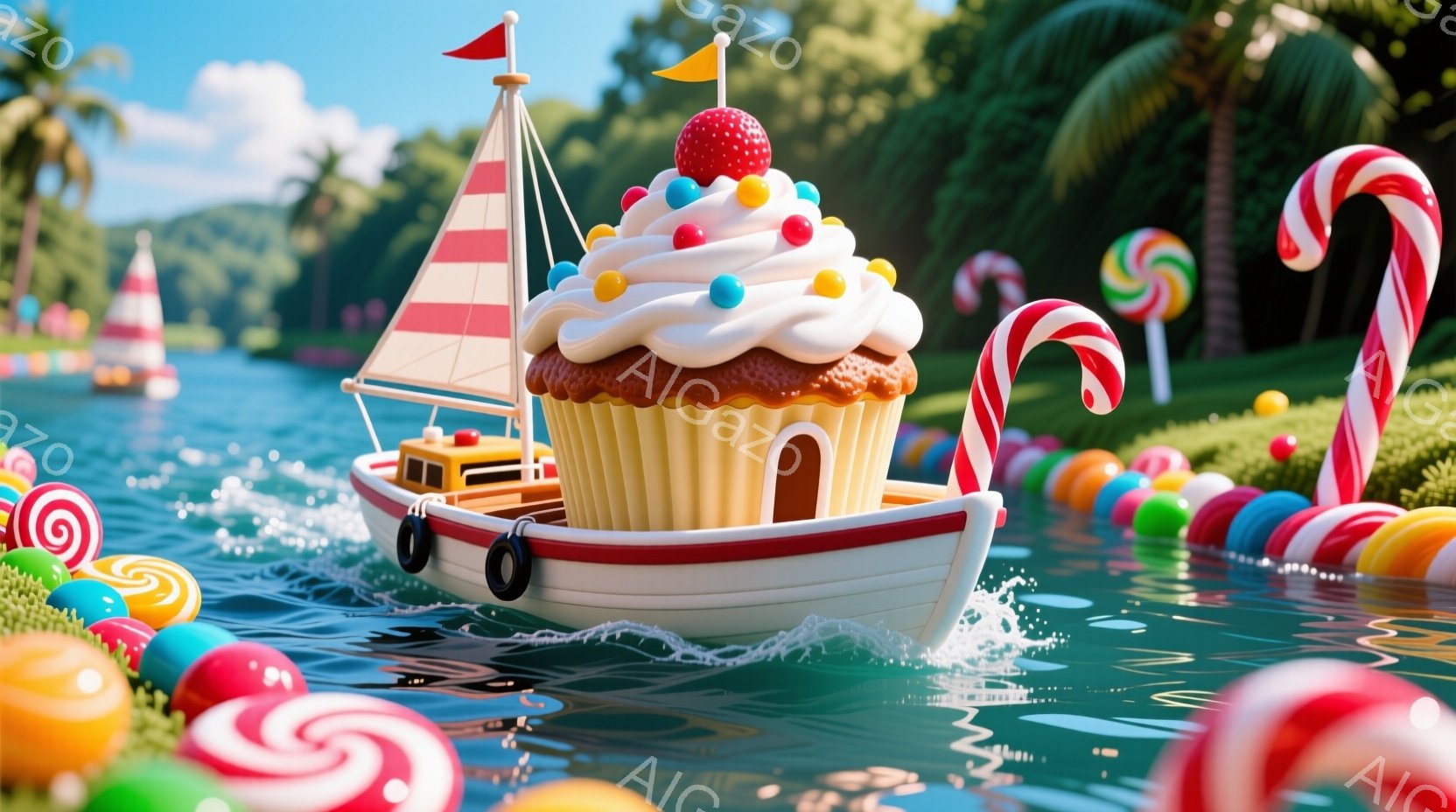 カップケーキの形をした可愛らしいボートが、青い水面を航行しています。背景には緑豊かな草地とヤシの木々が見え、水面にはカラフルなキャンディやロリポップが浮かんでいます。全体的に、お菓子のような甘くて楽し - AI生成フリー素材
