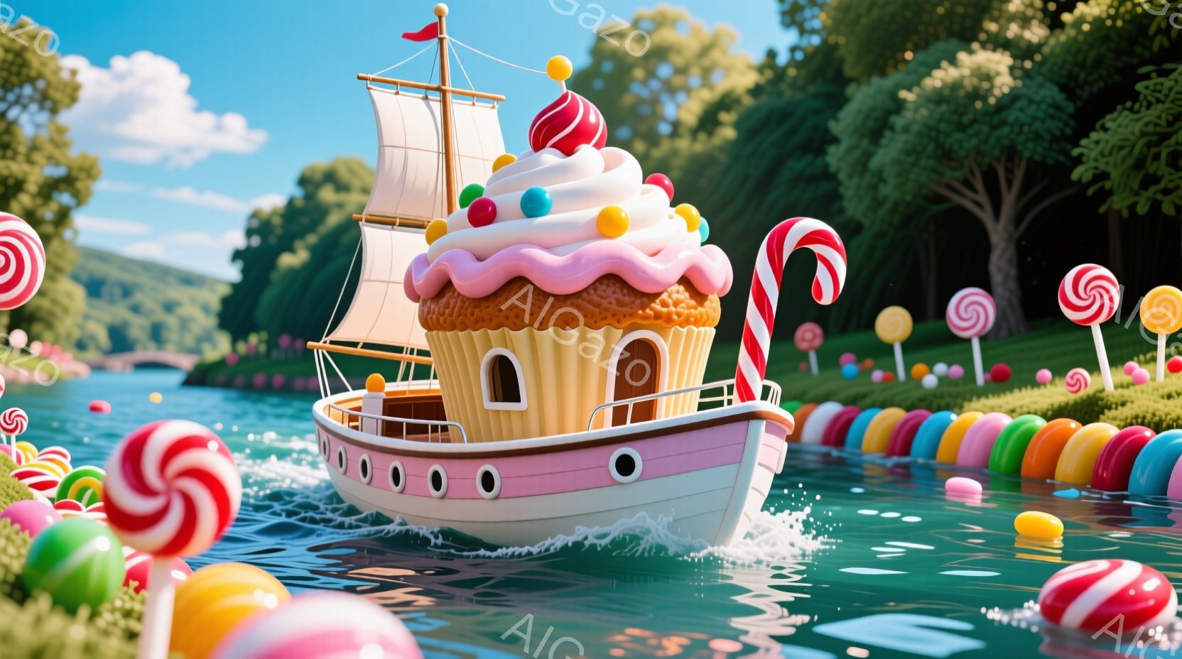 ディズニーの映画「カラフル・ハイスクール」のポスターに使用されたものです。中心にある船の上部には、紫色の枠がついており、その中には巨大なカラフルキャンディーとパッケージを模したステップや帆があります。船の下部は氷色で水面が表現されています。周囲には様々な色のキャンディーが散らばっており、それらは水中から浮遊しているように見えます。 画像の人物はカラフル・ハイスクールのメンバーであり、彼らは船を操作することが多いです。彼らは、細長い船に乗っています。彼らは、暖かさや喜びの表情をしており、礼儀正しく立ち仕事をしているようです。 、幾分明るく、カラフルで鮮やかな色調が特徴です。そのため、ディズニー映画と同じくらい明るく楽しい環境を伝えます。
