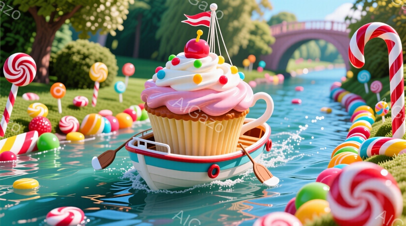鮮やかな色彩に満ちたファンタジーの世界が描かれています。巨大なカップケーキがボートのように水面を航行しており、周囲にはカラフルなキャンディがまるで花のように咲き乱れています。背景には緑豊かな草地とアー - AI生成フリー素材