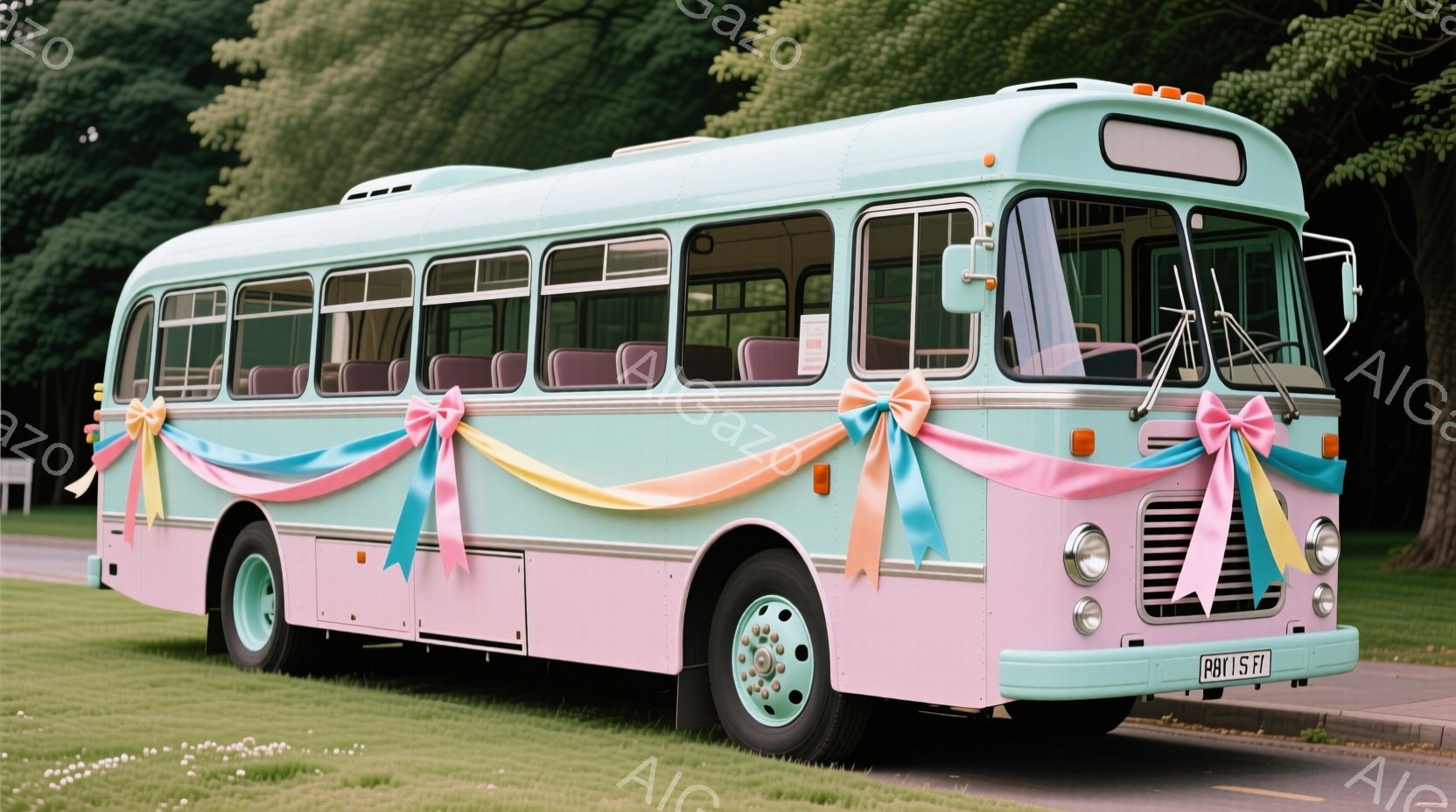 薄いピンクと水色のレトロなバスが、緑豊かな芝生の上に静止している。バスはカラフルなリボンで飾られており、まるで結婚式などのお祝い事のために特別に装飾されたようだ。背景には緑の木々が見え、晴天の下、穏や - AI生成フリー素材