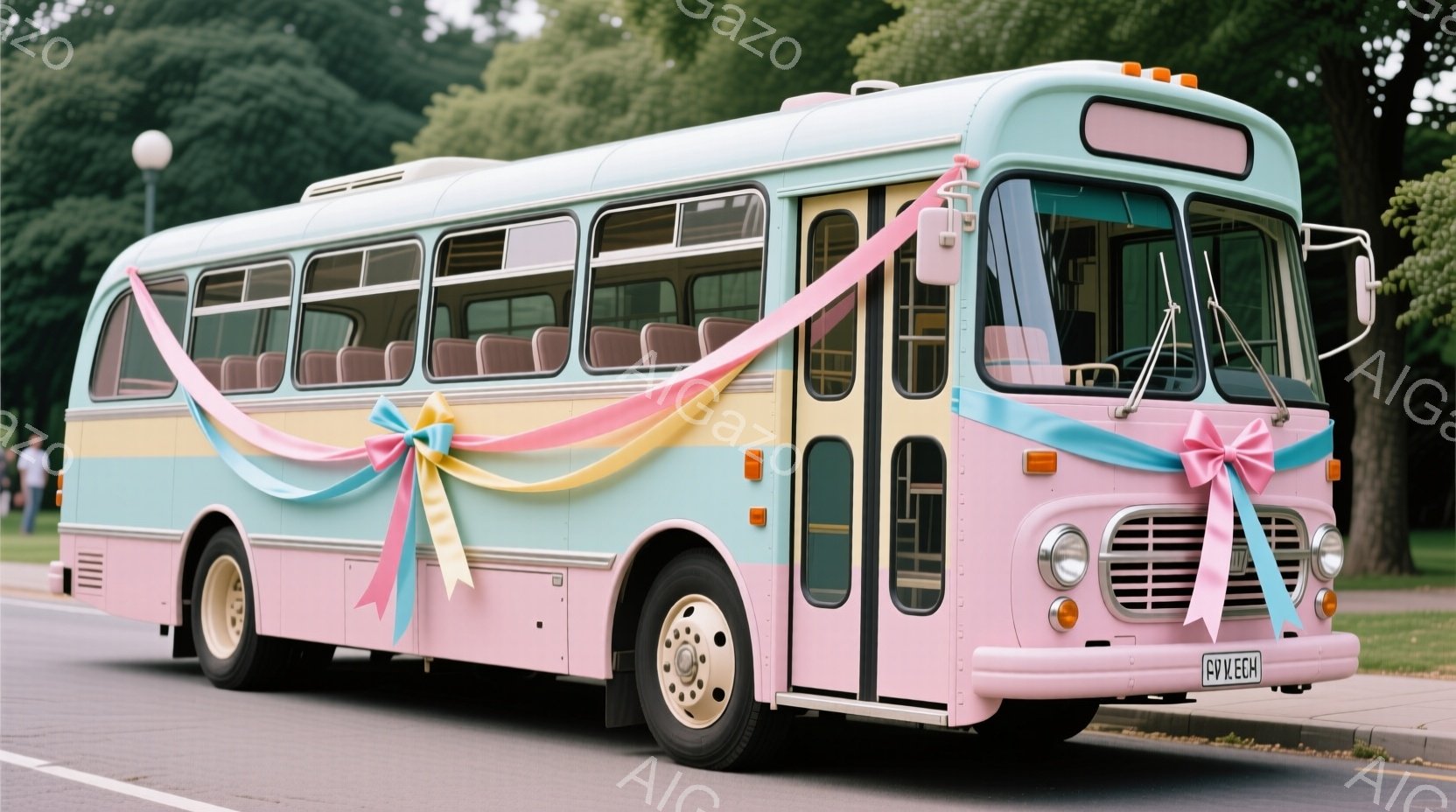 ピンク、水色、黄色で塗られたレトロなバスが道路脇に停まっています。装飾として、バスの前面にピンクと水色のリボンが結ばれており、特別なイベントで使用されているようです。背景には緑豊かな木々と晴れた空が広がり、暖かい雰囲気の画像です。