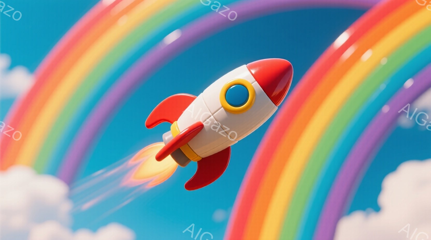 明るい青空に虹が架かり、その中を赤いロケットが勢いよく飛んでいる様子が描かれています。ロケットからはオレンジ色の炎が噴出し、速度感を強調しています。雲が浮かび、全体的に明るく楽しい雰囲気が漂っています。