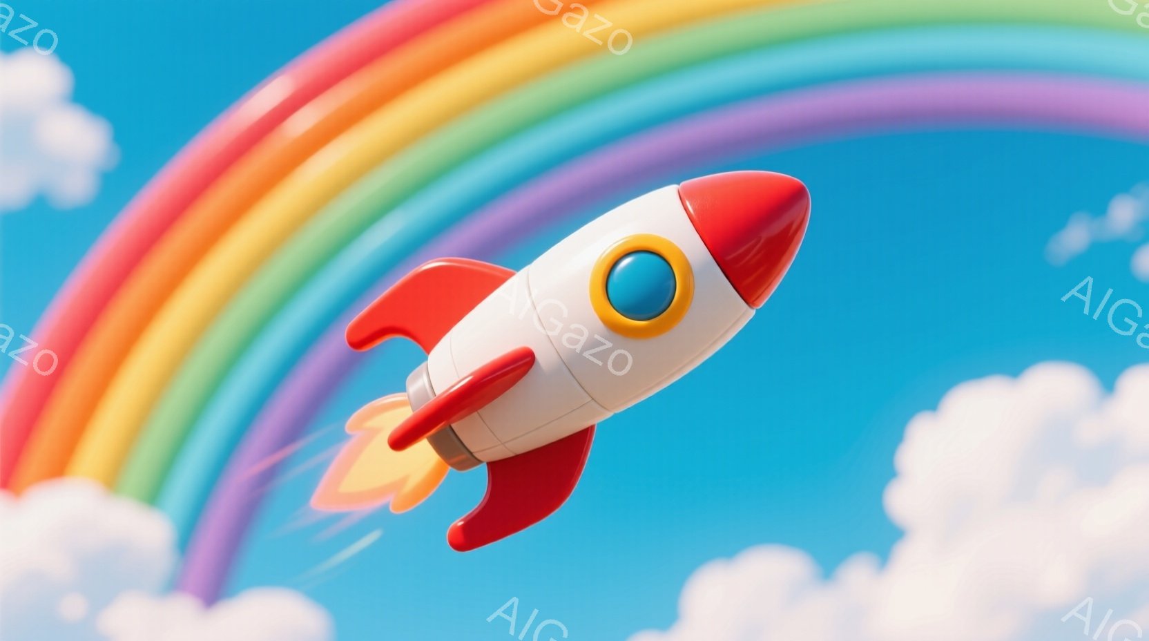 鮮やかな虹を背景に、赤いロケットが推進力を得て空を飛んでいる様子が描かれています。ロケットは白を基調とした可愛らしいデザインで、尾からはオレンジ色の炎が噴き出しています。背景にはふわふわとした白い雲が浮かび、明るく希望に満ちた雰囲気を演出しています。