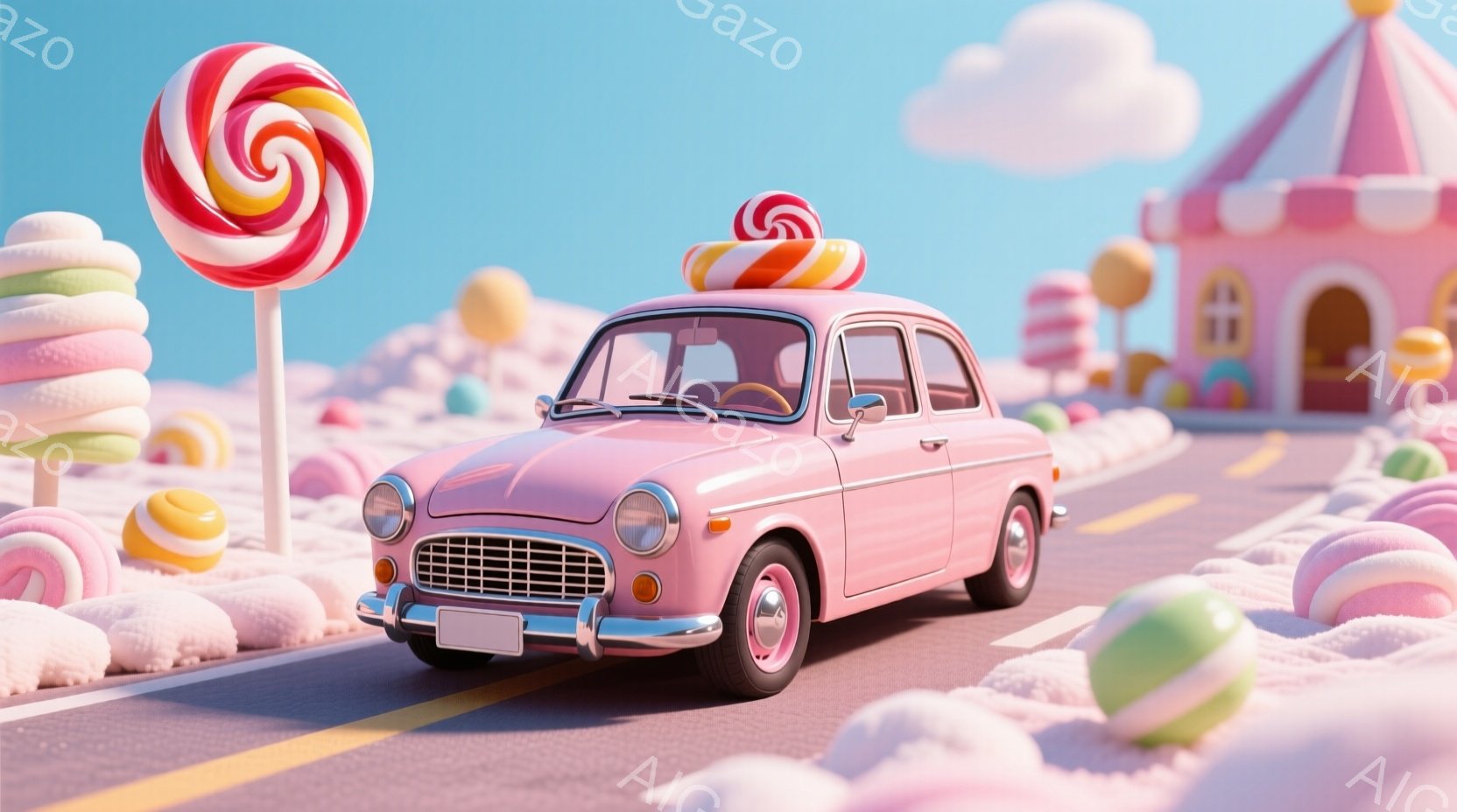 薄いピンク色のクラシックカーが、キャンディのような装飾が施された道路を走っています。背景には、パステルカラーの建物と巨大なキャンディが並び、まるで夢のようなお菓子の国です。全体的に明るく、夢幻的で遊び心に満ちた雰囲気です。