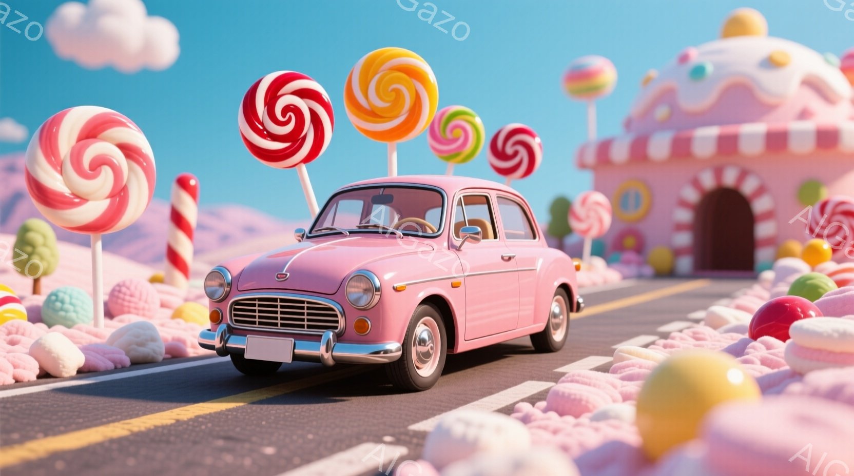 ピンク色のレトロな車が、キャンディのようなカラフルな風景の中を走っています。道路の脇には、大きなキャンディやマシュマロのような物体が散らばり、背景にはお菓子の家が見えます。空は明るい青色で、全体的に甘くて夢幻的な雰囲気が漂っています。