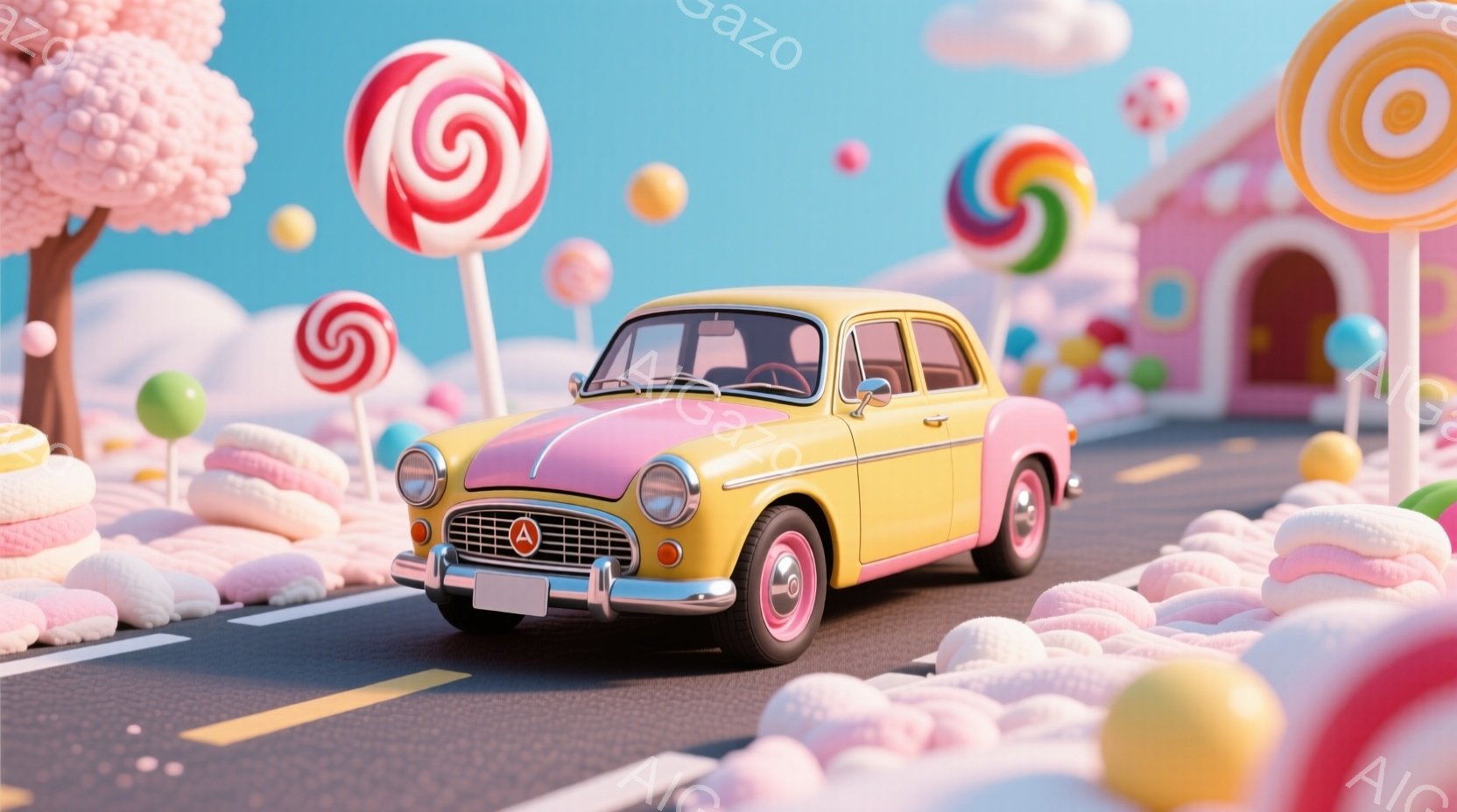 ピンクと黄色のレトロな車がキャンディランドのような風景を走っている様子を描いています。道路はアスファルトで、周囲にはマシュマロのようなふわふわの白い物体と巨大なキャンディが点在し、背景にはピンク色の家が見えます。全体的に、夢のような甘い世界観で、遊び心とノスタルジーを感じさせる雰囲気が漂っています。