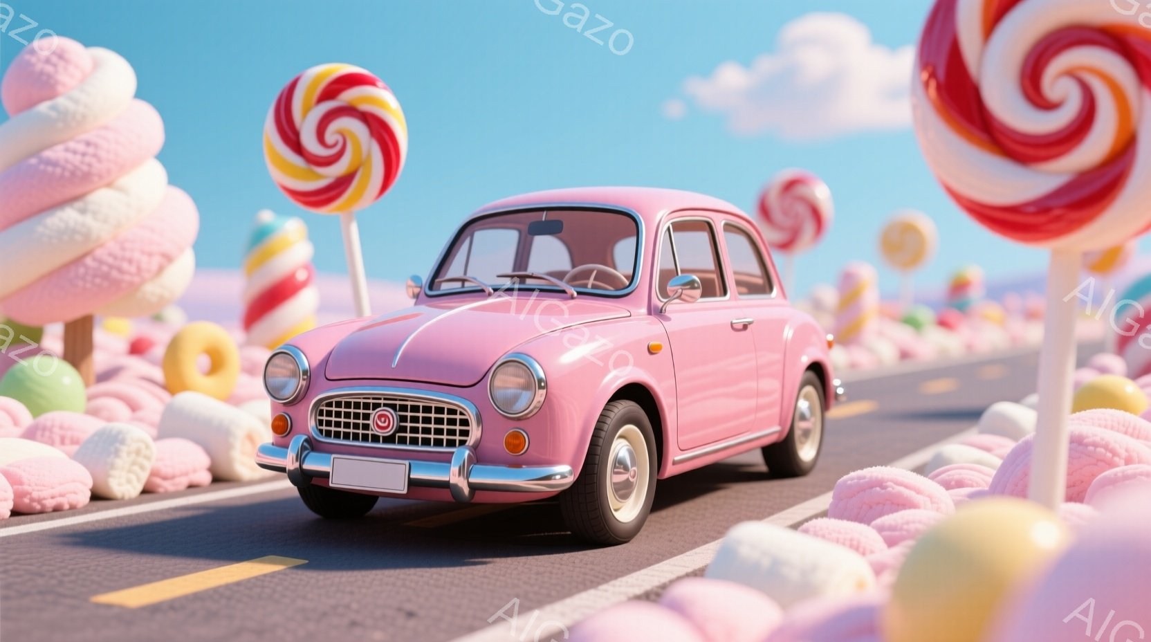 淡いピンク色のレトロな車が、キャンディやマシュマロのようなお菓子で覆われた道路を走っています。背景にはカラフルなキャンディが立ち並び、青い空と白い雲が広がっており、まるで夢のような甘い世界が表現されています。全体的にパステルカラーで統一され、楽しげで可愛らしい雰囲気が漂っています。