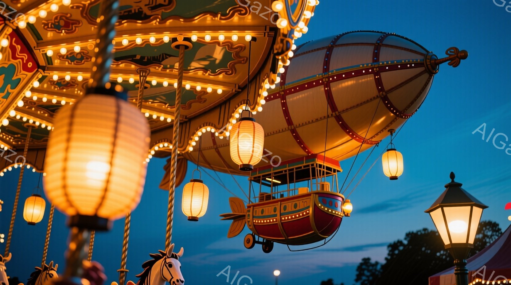 夜の遊園地の一場面で、回転木馬の上空に、カラフルな気球型の乗り物が浮かんでいる。オレンジ色の提灯が回転木馬と気球型乗り物を照らし、背景には暗い木々と遠くに見える街灯がぼやけて見える。全体的に幻想的で、 - AI生成フリー素材
