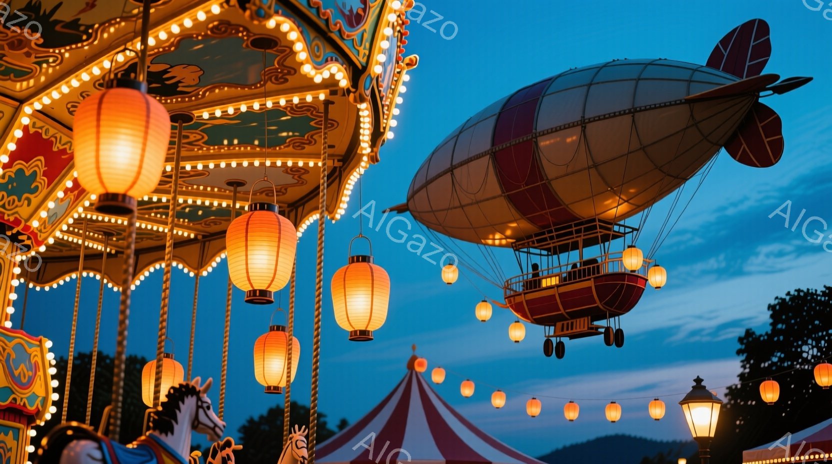 夜の遊園地の一場面で、華やかなメリーゴーランドと、空を飛ぶ赤い飛行船が印象的です。メリーゴーランドの装飾は明るく輝き、提灯の灯りが温かい雰囲気を醸し出しています。背景には、夕焼け空と遠くの山々が広がり - AI生成フリー素材