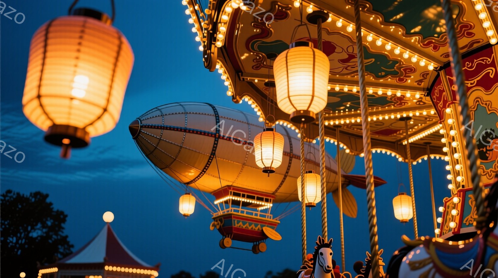 夜空を背景に、回転木馬の一部が捉えられています。象徴的な飛行船の形をした装飾が、オレンジ色の提灯に照らされ、幻想的な雰囲気を醸し出しています。木馬の装飾は鮮やかで、背景には小さなテンと木々が見え、お祭 - AI生成フリー素材