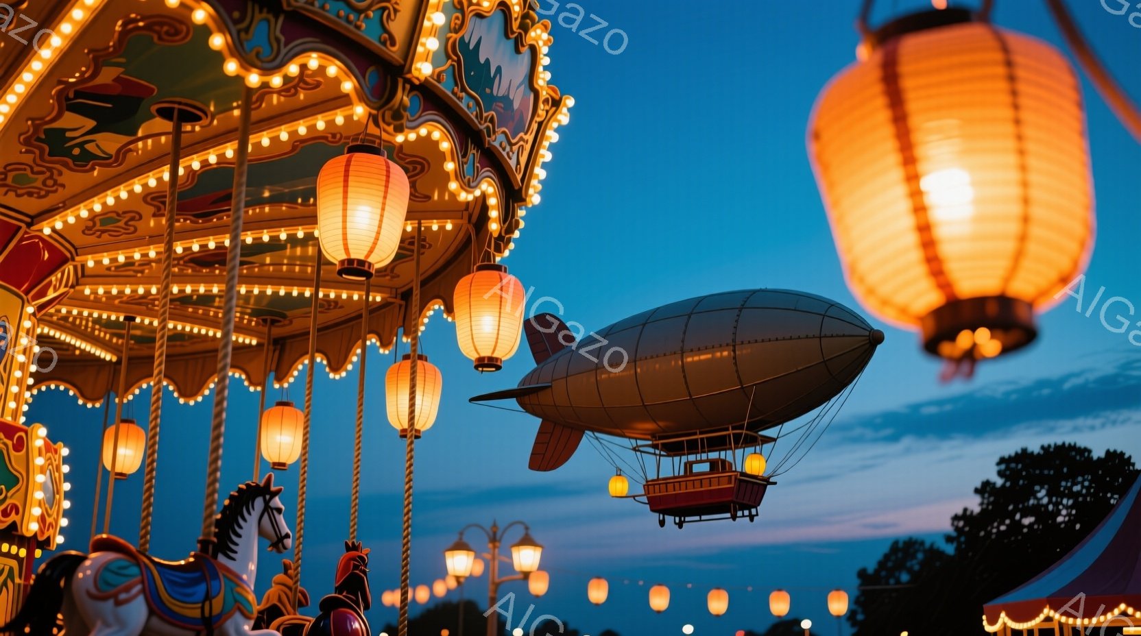 夜空を背景に、ライトアップされたメリーゴーランドと飛行船が印象的な光景です。メリーゴーランドは豪華な装飾が施され、白馬が優雅に並び、暖色のランタンが幻想的な雰囲気を醸し出しています。背景には木々が茂り、夕焼け空とランタンの光が融合して、まるで夢のような空間を表現しています。