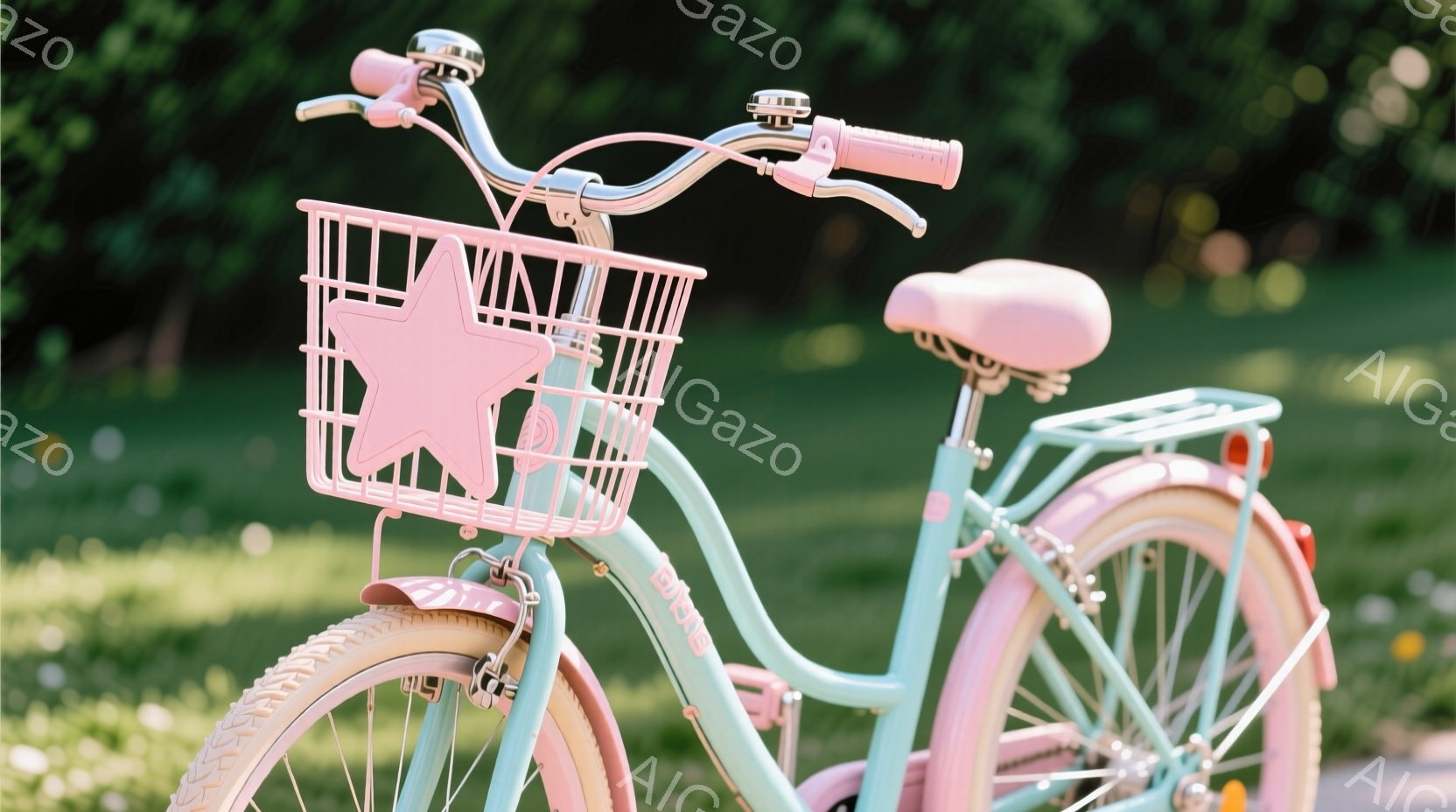 淡い水色の自転車が緑豊かな背景の中にあります。バスケットにはピンク色の星形の飾りがあり、ハンドルやシートはパステルピンク色で統一されています。全体的に柔らかい色合いで、春らしい穏やかな雰囲気が漂っています。