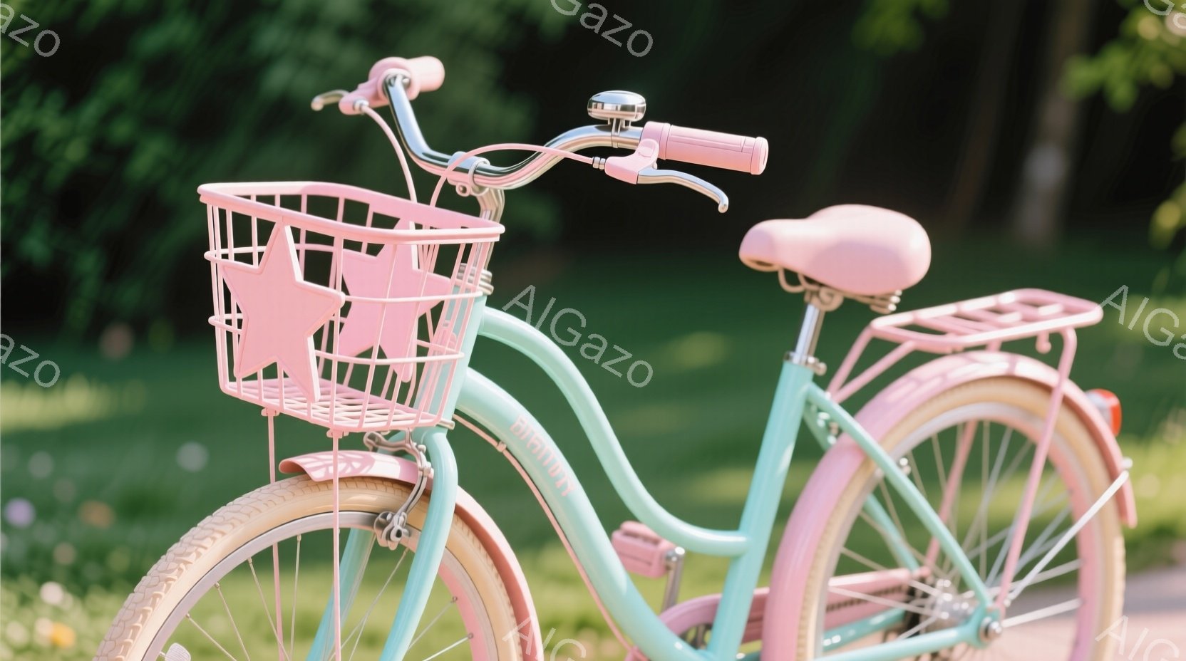 パステルブルーとピンクの美しい自転車が、緑豊かな背景の中にあります。バスケットは繊細な模様が施され、シートとグリップはピンク色で統一されています。全体的に柔らかい色使いとデザインで、春らしい穏やかな雰 - AI生成フリー素材