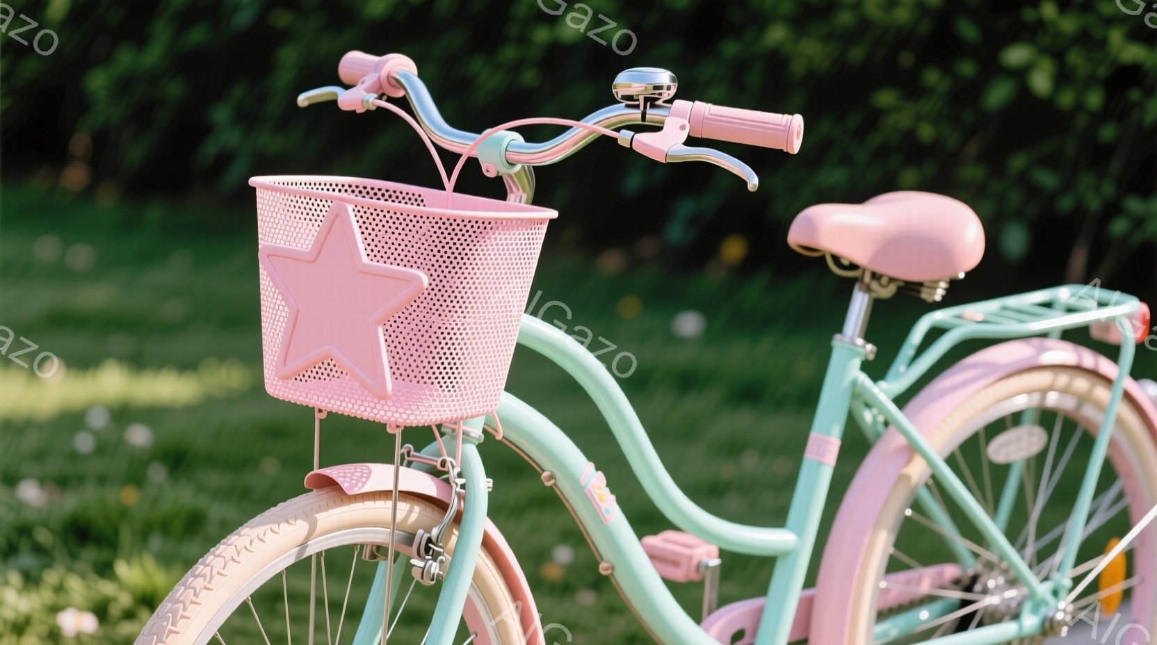 淡いミントグリーンの自転車が、緑豊かな草の上に置かれています。バスケットはパステルピンクで、星型の装飾が施されており、可愛らしい印象を与えます。背景はぼやけていますが、緑の葉が生い茂った自然環境であることがわかります。