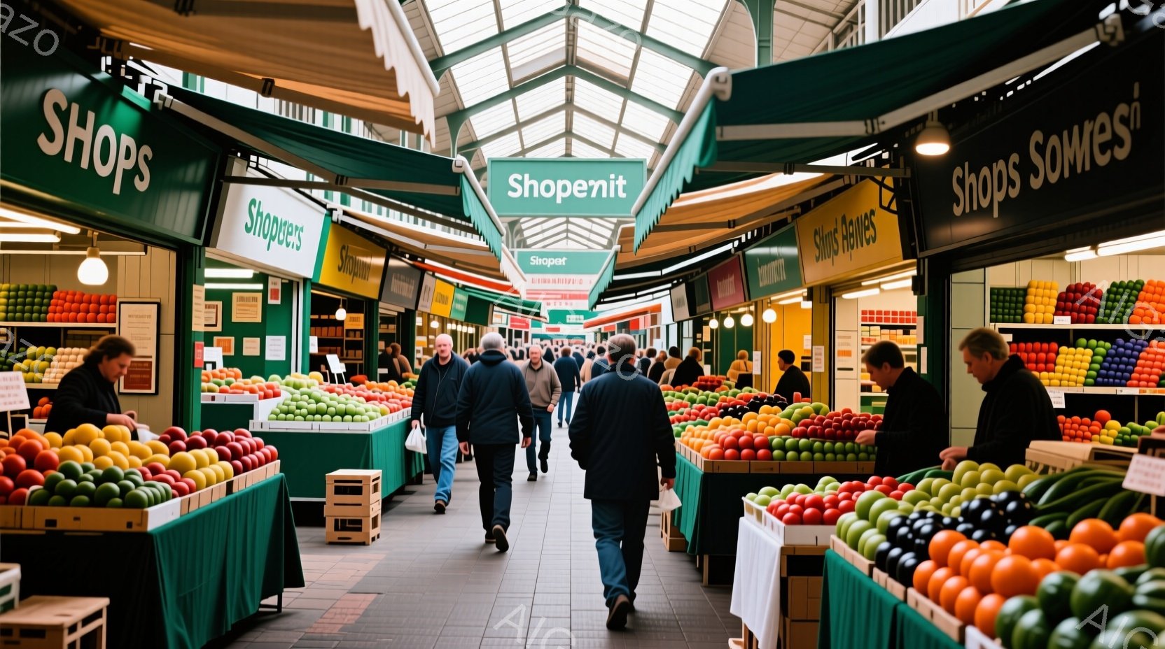 市場の通路で、様々な果物や野菜が並んだ屋台が左右に広がっています。人々はカジュアルな服装で、買い物や通路を歩いています。屋台は緑色のキャノピーで覆われており、通路全体が活気に満ちた雰囲気で、屋内の自然光が差し込んでいます。