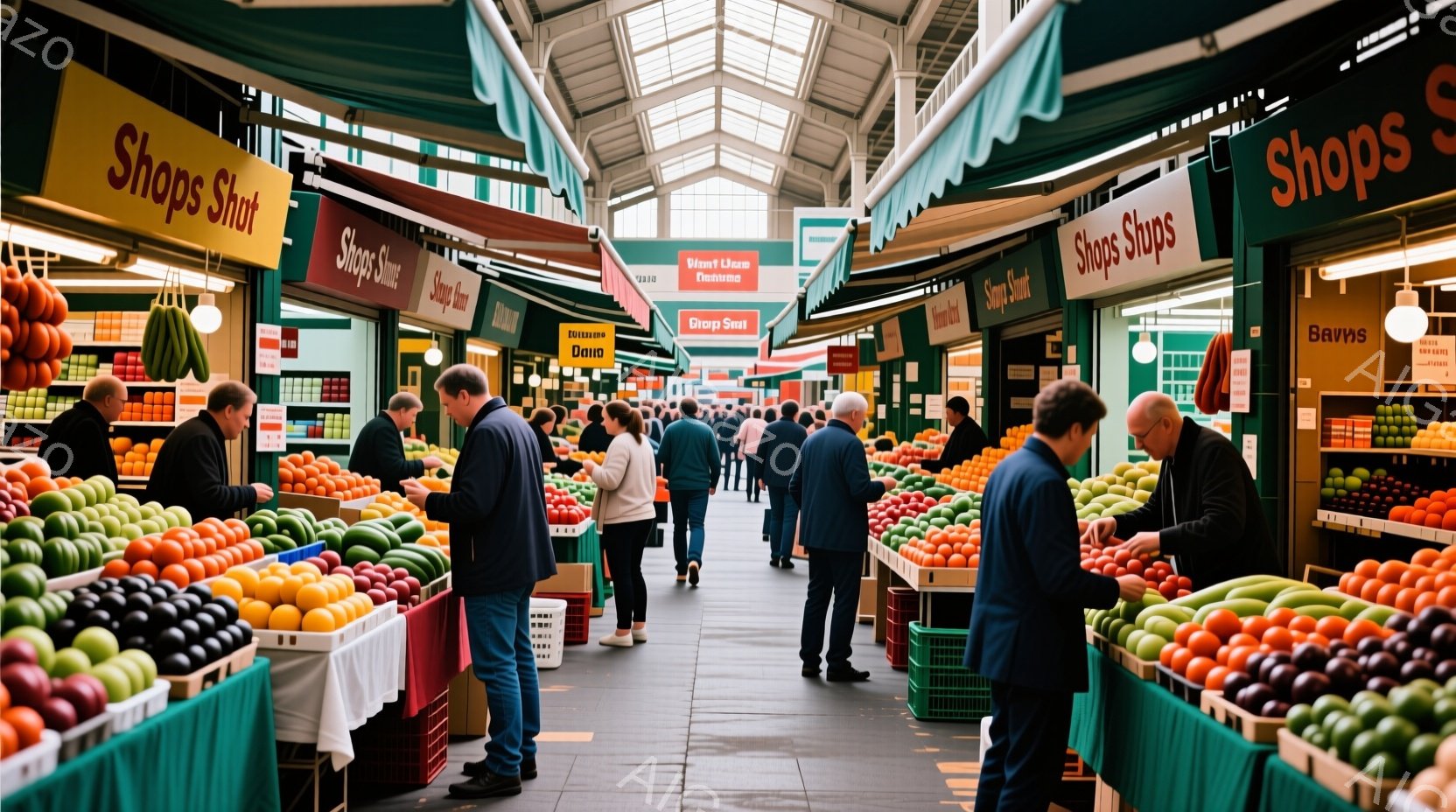 活気のある市場の様子で、様々な色の果物や野菜が所狭しと並べられています。多くの人々がカジュアルな服装で、果物を吟味したり、買い物を楽しんだりしています。市場はアーチ型の天井で覆われ、天井には「Shops」と書かれた看板が所々に掲げられており、活気と賑わいを感じさせる空間です。