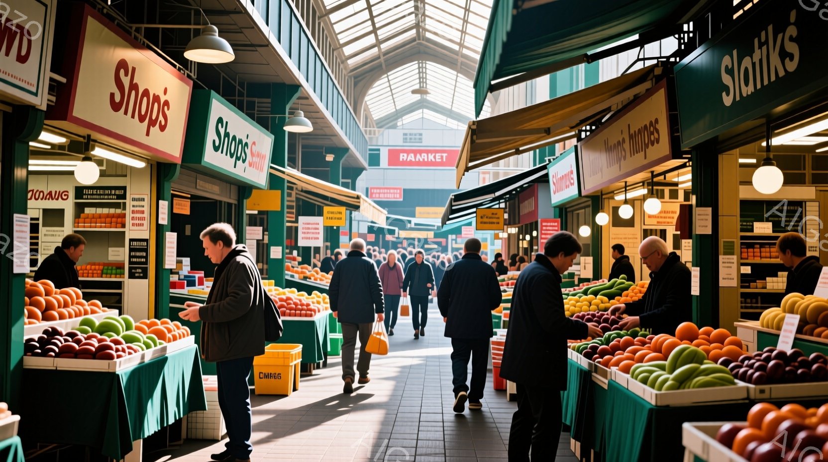 市場の通路は、さまざまな果物や野菜を並べた屋台で賑わっている。多くの人々がカジュアルな服装で通路を歩き、買い物客は商品を吟味し、店員は対応している様子が伺える。高いアーチ型の天井と自然光が差し込む室内 - AI生成フリー素材