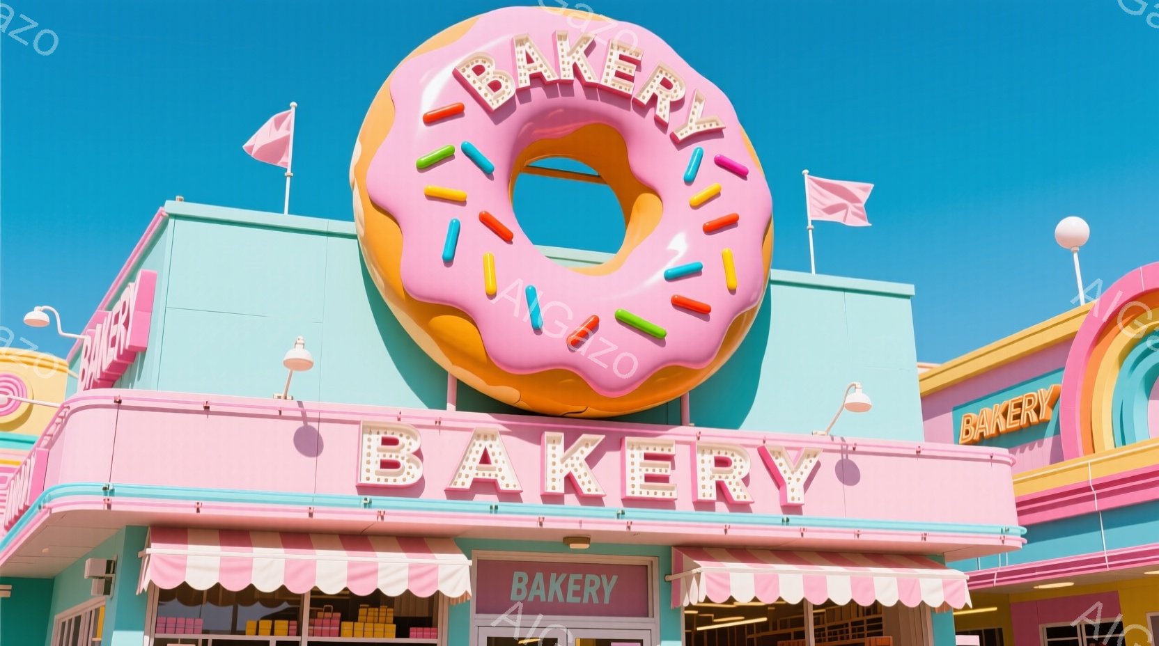 明るい水色の建物に大きなピンク色のドーナツが取り付けられたベーカリーの外観です。ドーナツにはカラフルなスプリンクルが散りばめられており、「BAKERY」と書かれたネオンサインが輝いています。全体的にパステルカラーでまとめられており、レトロでポップな雰囲気です。