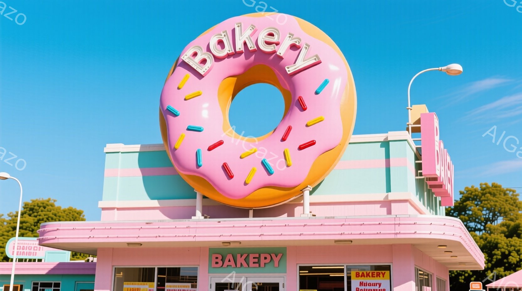 明るい青空の下、ピンクとターコイズブルーの可愛らしいベーカリーが描かれています。建物の屋根には巨大なピンク色のドーナツが飾られ、「BAKERY」という文字が書かれています。全体的にレトロでポップな雰囲気で、夏らしい明るく楽しい気分になります。