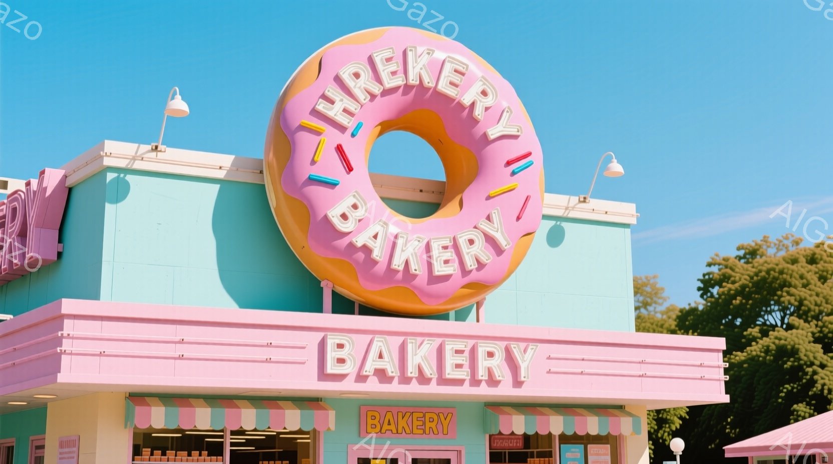 明るい水色の建物に、大きなピンク色のドーナツ型の看板が設置されています。看板には「BAKERY」という文字が書かれており、建物全体が可愛らしいパステルカラーで統一されています。背景には緑の木々と澄んだ青空が広がり、快晴の日の穏やかな雰囲気を伝えています。