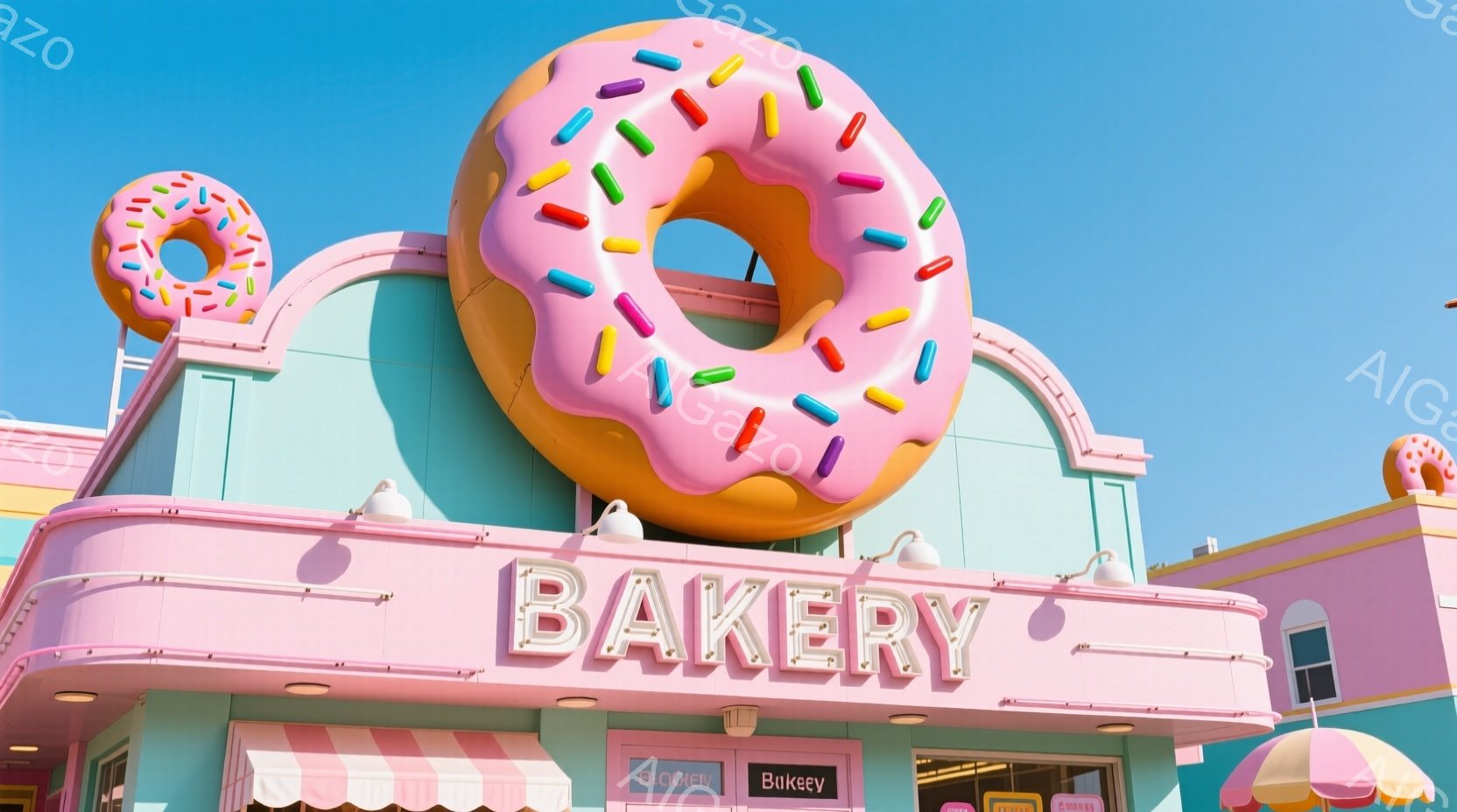 明るいピンクと水色の建物が特徴的なベーカリーの外観です。大きなドーナツの看板が目立ち、建物の上部と側面にはドーナツのモチーフが飾られています。全体的にパステルカラーで統一されており、陽気で甘い雰囲気が漂っています。