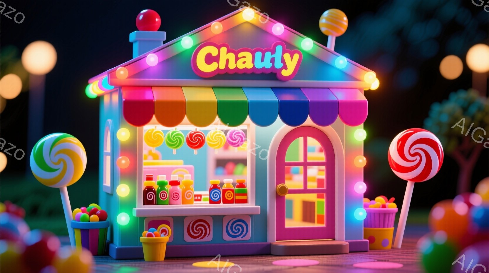 カラフルなキャンディーショップが夜に光り輝いています。店はピンク、紫、水色のストライプで装飾され、屋根にはキャンディーが飾られています。背景にはぼやけた緑の植物と、ぼんやりとした光の球が点在し、お祭りや遊園地のような楽しい雰囲気を醸し出しています。