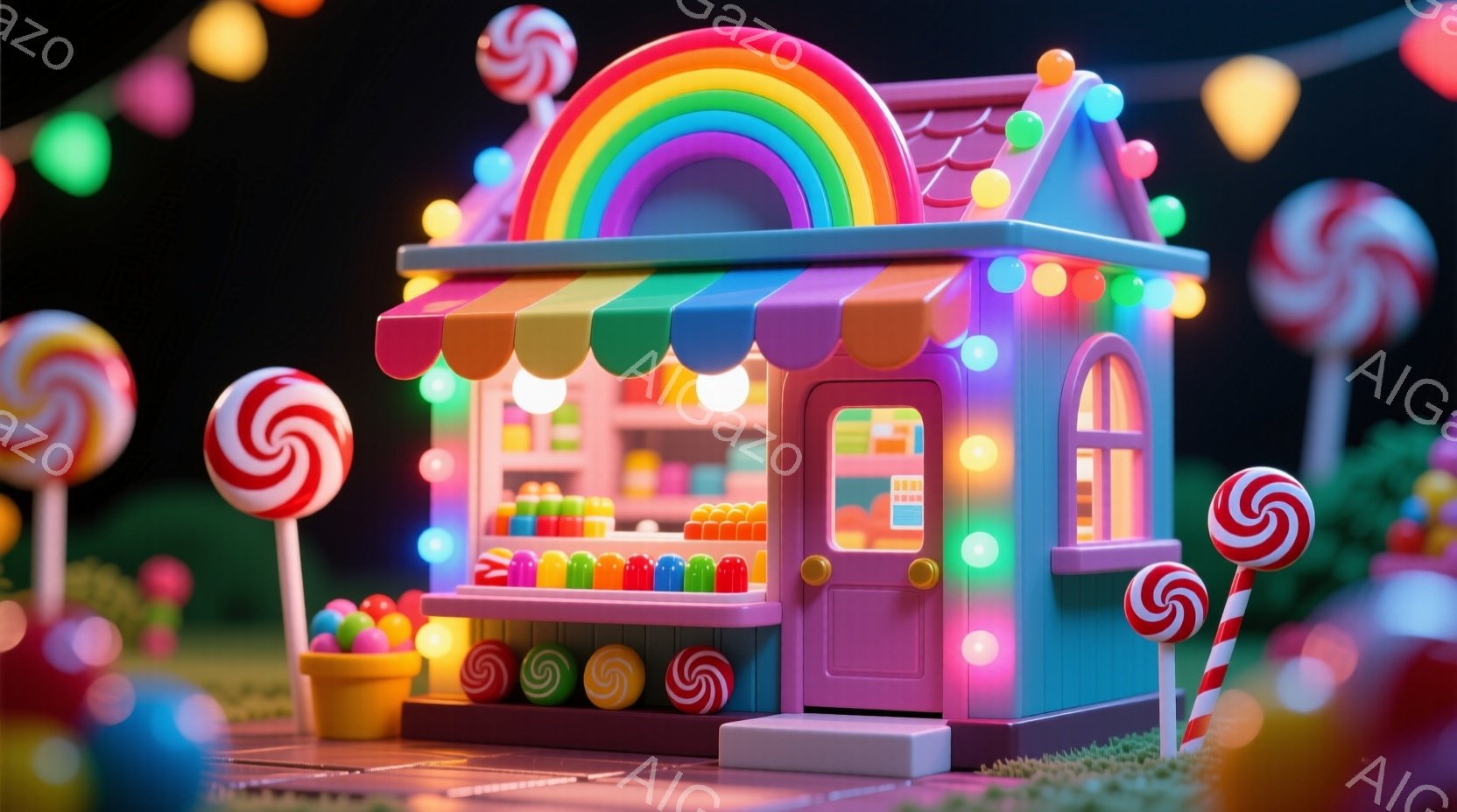 カラフルなキャンディが並ぶ可愛らしいお店が描かれています。ピンク色の建物には虹色の屋根が乗っており、多くのキャンディやカラフルな商品が陳列されています。背景は暗く、光るキャンディやお店の光が幻想的な雰囲気を醸し出しています。