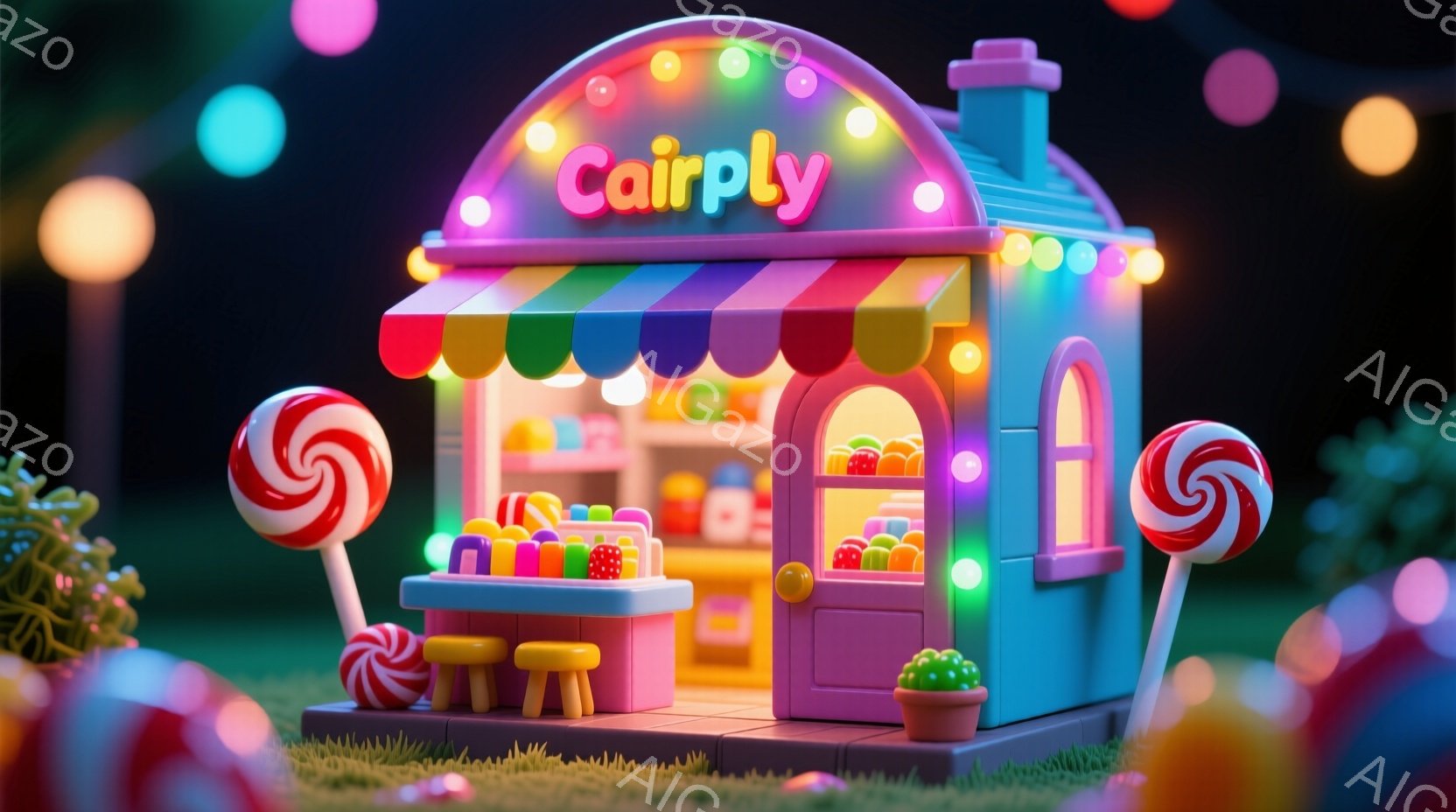 明るいピンク色の可愛らしいお菓子屋が、夜の草原に佇んでいます。カラフルなキャンディーやケーキが店内に並び、カウンターにはお菓子が置かれています。背景には、ぼやけた光の玉が浮かび、夢のような雰囲気を醸し出しています。