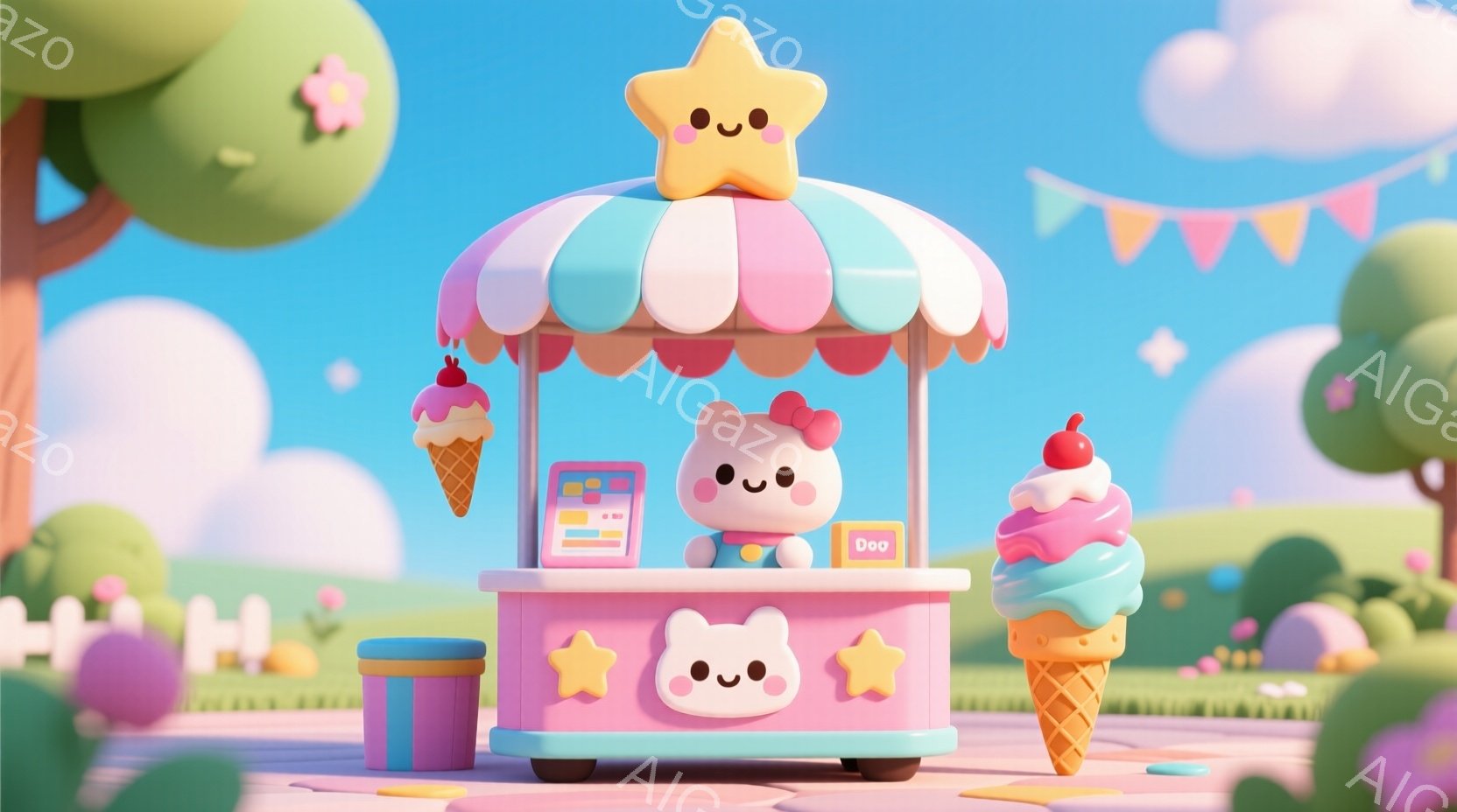 明るいピンクと水色の屋台が、緑の芝生の上に設置されています。可愛らしいクマのキャラクターが、ピンク色のベストを着て屋台でアイスクリームを販売しており、笑顔で客を迎えているようです。背景には丸みを帯びた木々や、パステルカラーの空が広がり、全体的に夢のような、楽しい雰囲気を醸し出しています。