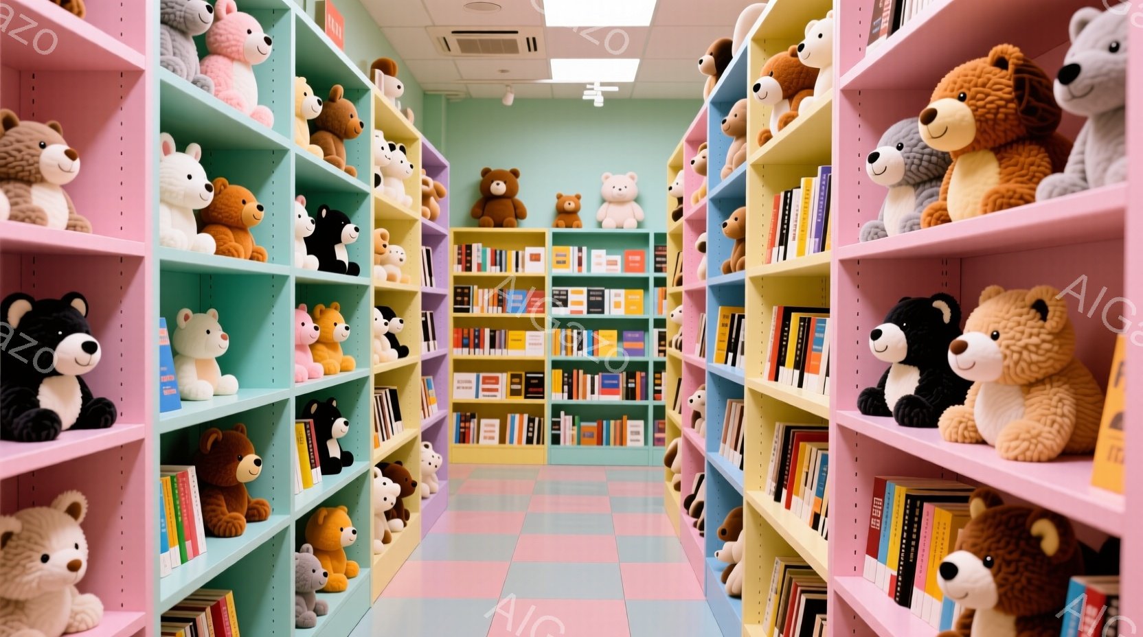 ピンクと水色の壁に、たくさんのテディベアが並んだ部屋の写真です。本棚には様々な色や大きさのテディベアがぎっしりと並び、まるでテディベアの博物館のような雰囲気です。床はピンクと白のチェック柄で、全体的に可愛らしく、温かい印象を与えます。