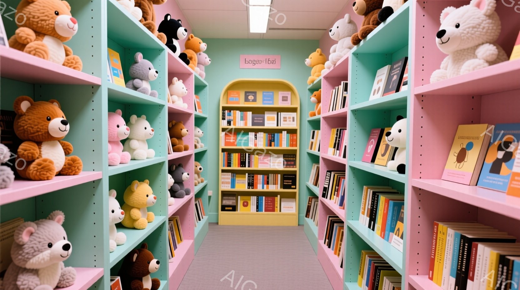 薄いピンク色の壁とターコイズブルーの棚が並ぶ、かわいらしい空間です。棚には、さまざまなサイズのテディベアがびっしりと並び、まるでテディベアの図書館のようです。カラフルな本の背表紙がアクセントになっており、全体的に明るく、遊び心に満ちた雰囲気を醸し出しています。