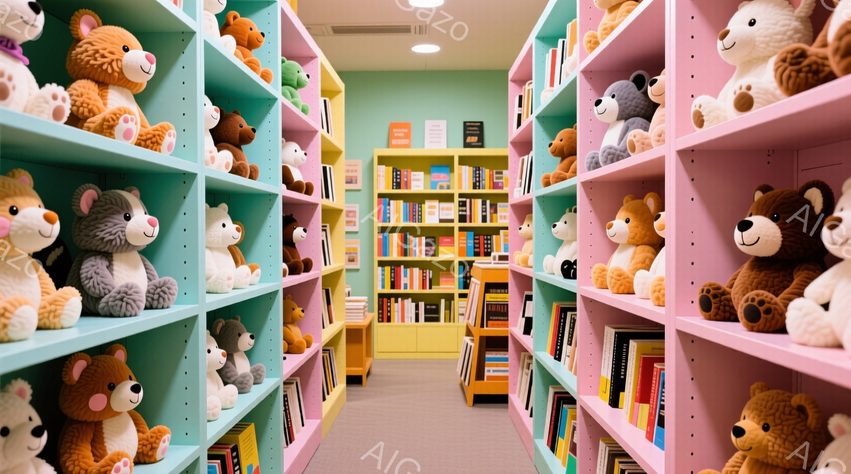 鮮やかなピンクと水色の棚が両側に並び、その中にたくさんのテディベアがぎっしりと並んでいます。奥には、本の並んだ黄色い本棚が見え、部屋全体が温かく、遊び心に満ちた雰囲気を醸し出しています。カラフルな色彩と柔らかなぬいぐるみたちが、見る人に安らぎと幸福感を与える空間です。