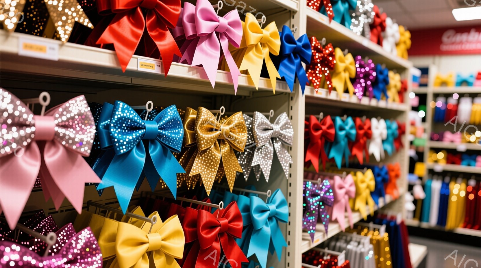 さまざまな色の大きなリボンが整然と並んだ棚を写しており、ピンク、ターコイズ、ゴールド、シルバーなどの鮮やかな色が目に飛び込んできます。リボンはきらびやかな素材で覆われており、まるで宝石のように輝いてい - AI生成フリー素材
